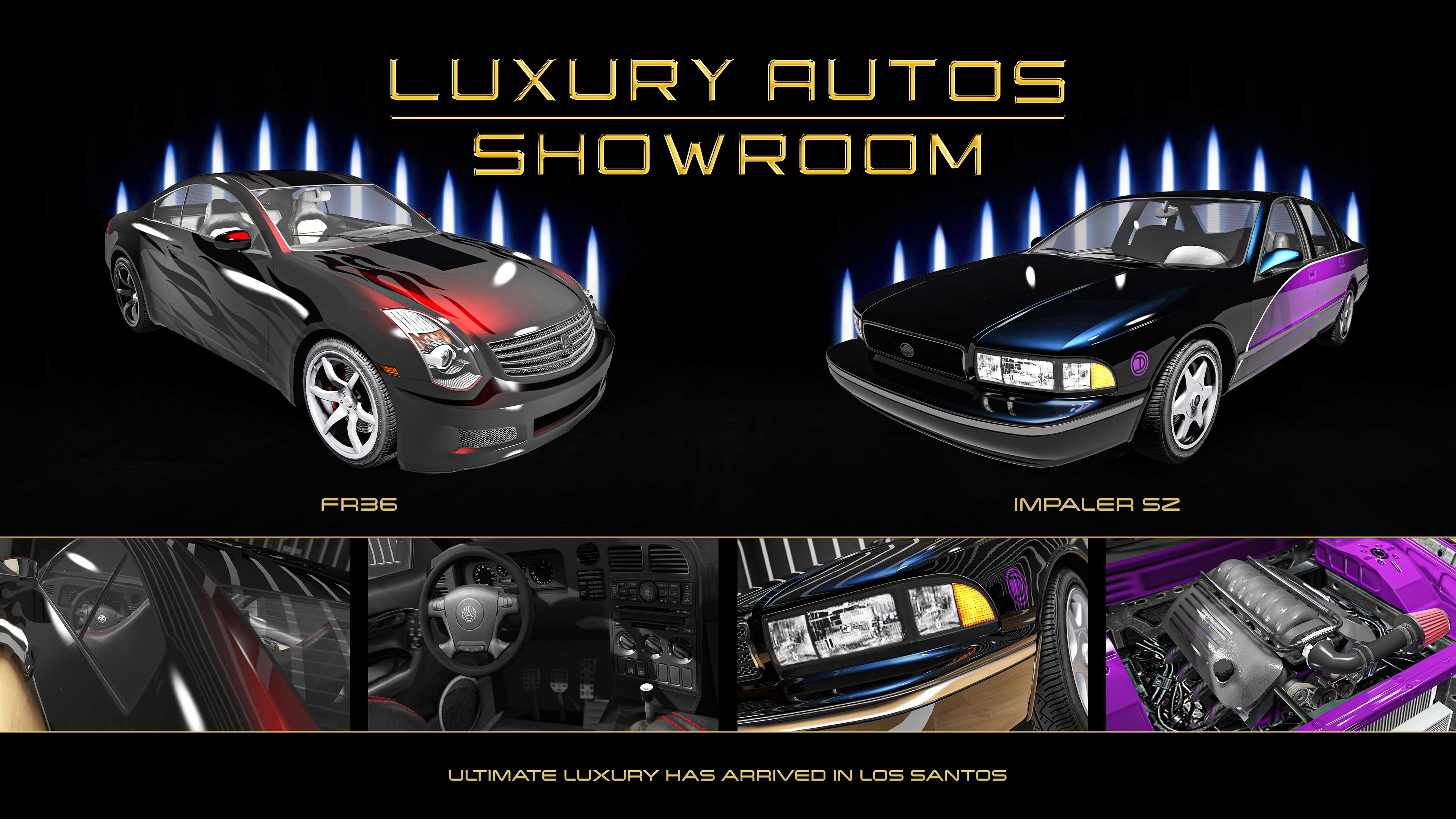 Imagen de autos en el concesionario Luxury Autos, entre los que se encuentran un Fathom FR36 rojo y un Declasse Impaler SZ con una pintura de diseño púrpura.