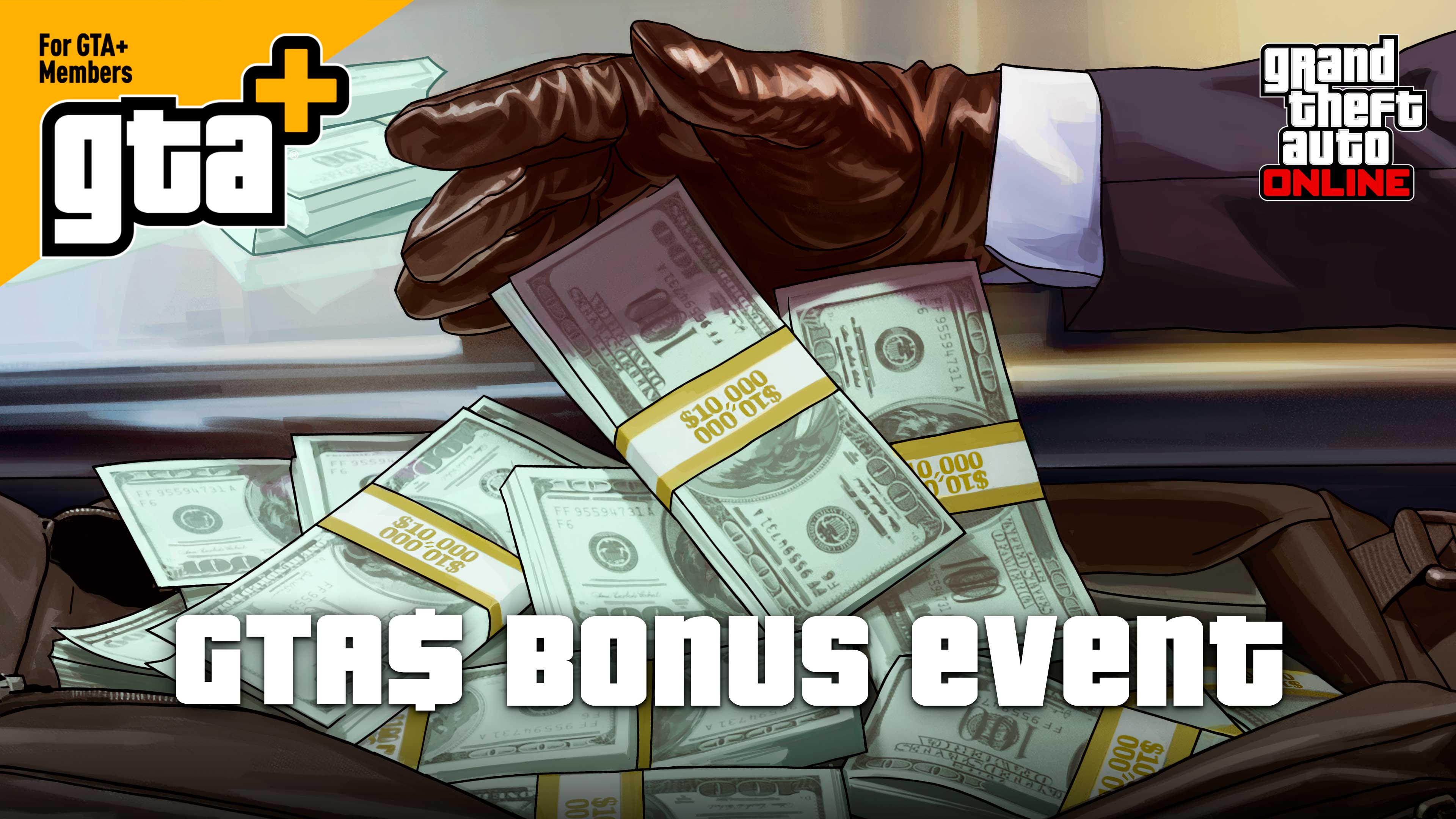 Pôster do evento bônus GTA$ com uma mão enluvada guardando dinheiro em uma sacola.