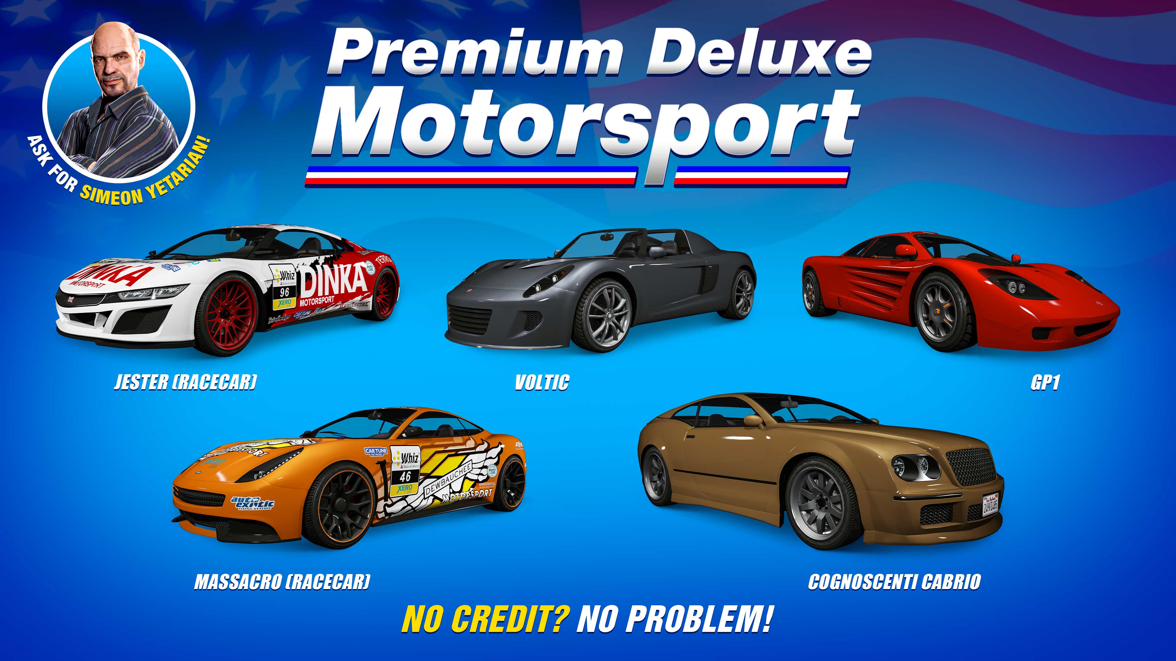 Pôster da concessionária Premium Deluxe Motorsport com cinco veículos: Progen GP1, Coil Voltic, Enus Cognoscenti Cabrio, Dewbauchee Massacro (Stock) e Dinka Jester (Stock).