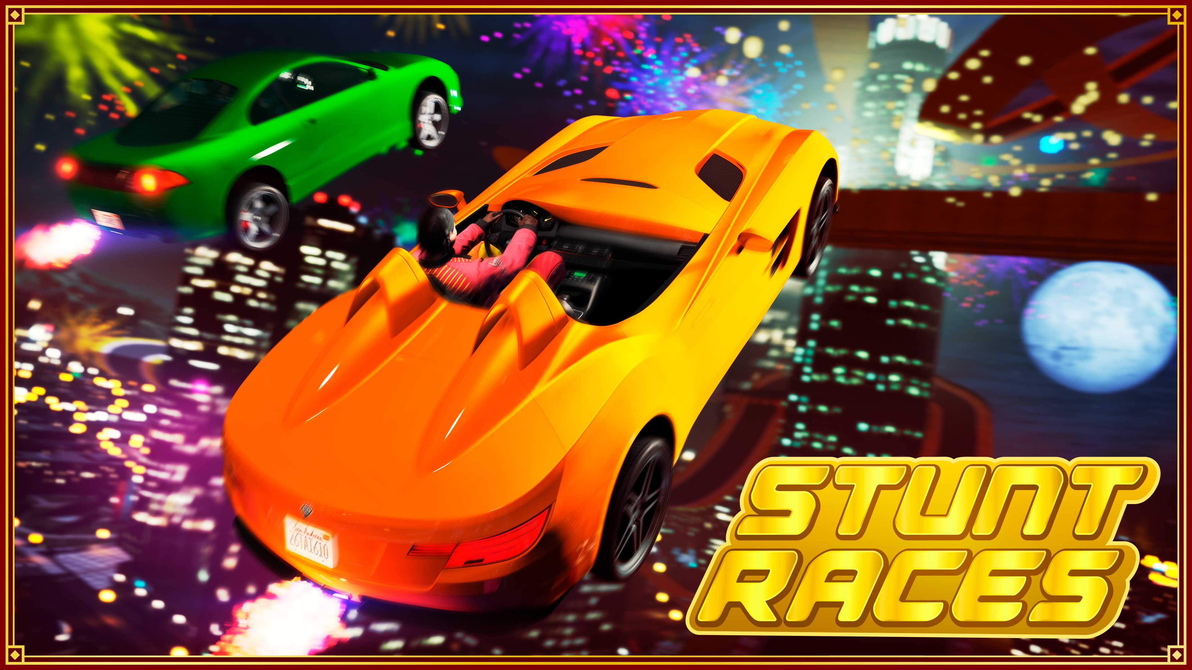 Stunt Races event poster where cars using nitrous soar through fireworks over the city at night. 