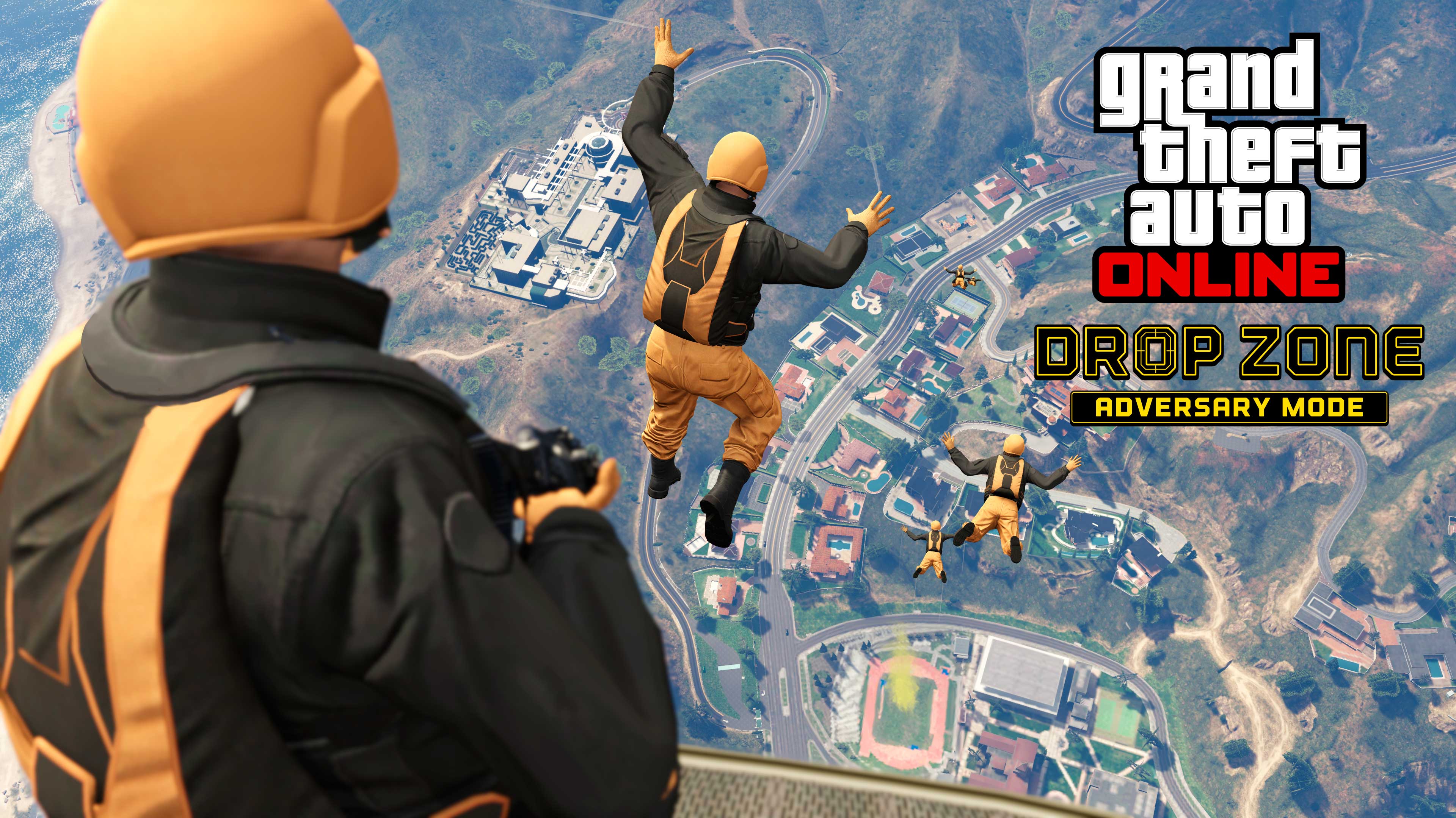 Pôster do Modo Adversário Zona de Salto no Grand Theft Auto Online mostrando uma equipe de paraquedistas pulando de um avião.