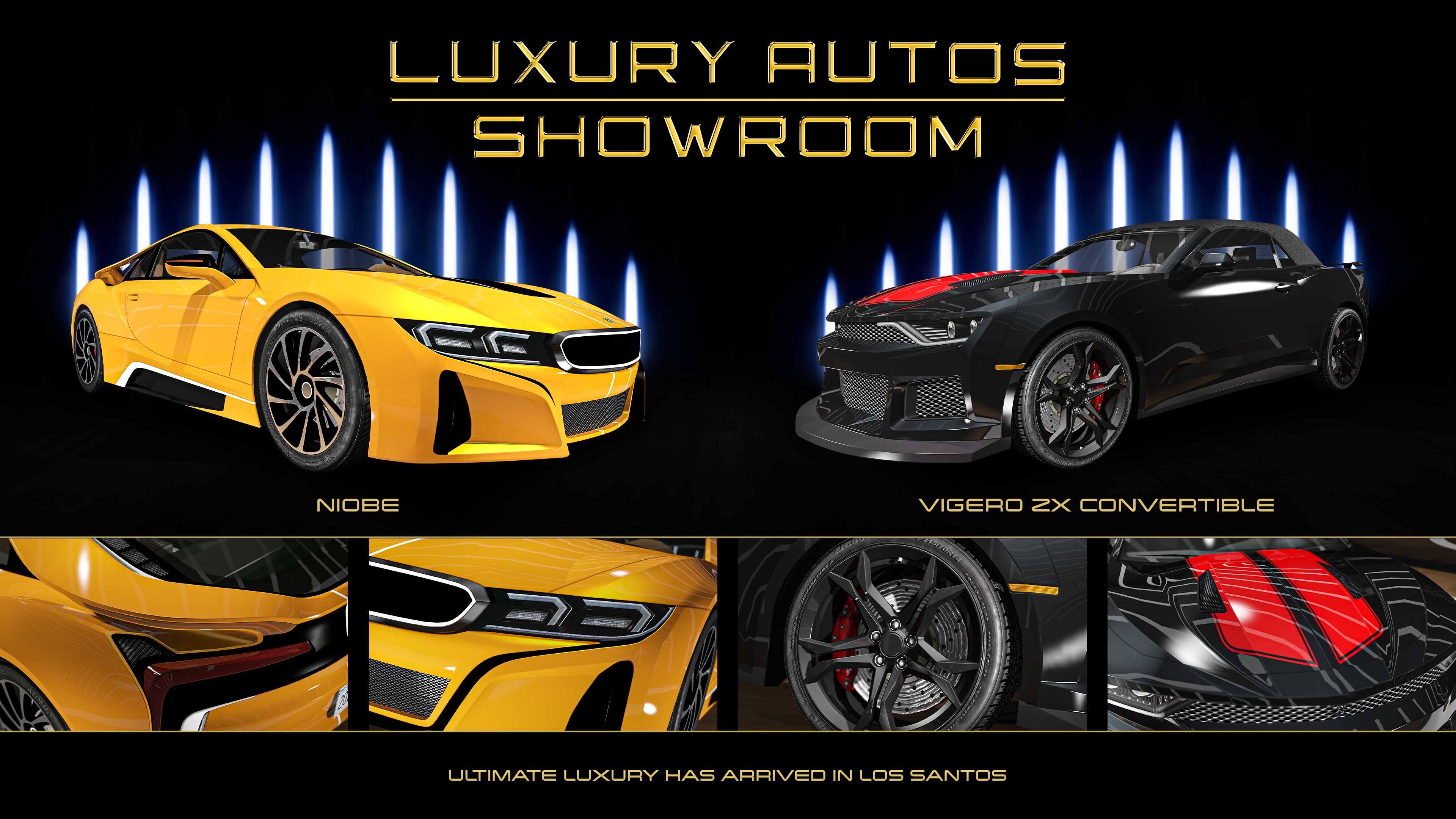 Luxury Autos Showroom poster. Left: A yellow three-door Übermacht Niobe with black and white detailing. Right: A black three-door Declasse Vigero ZX Convertible with a red shield-shaped vinyl on the hood.