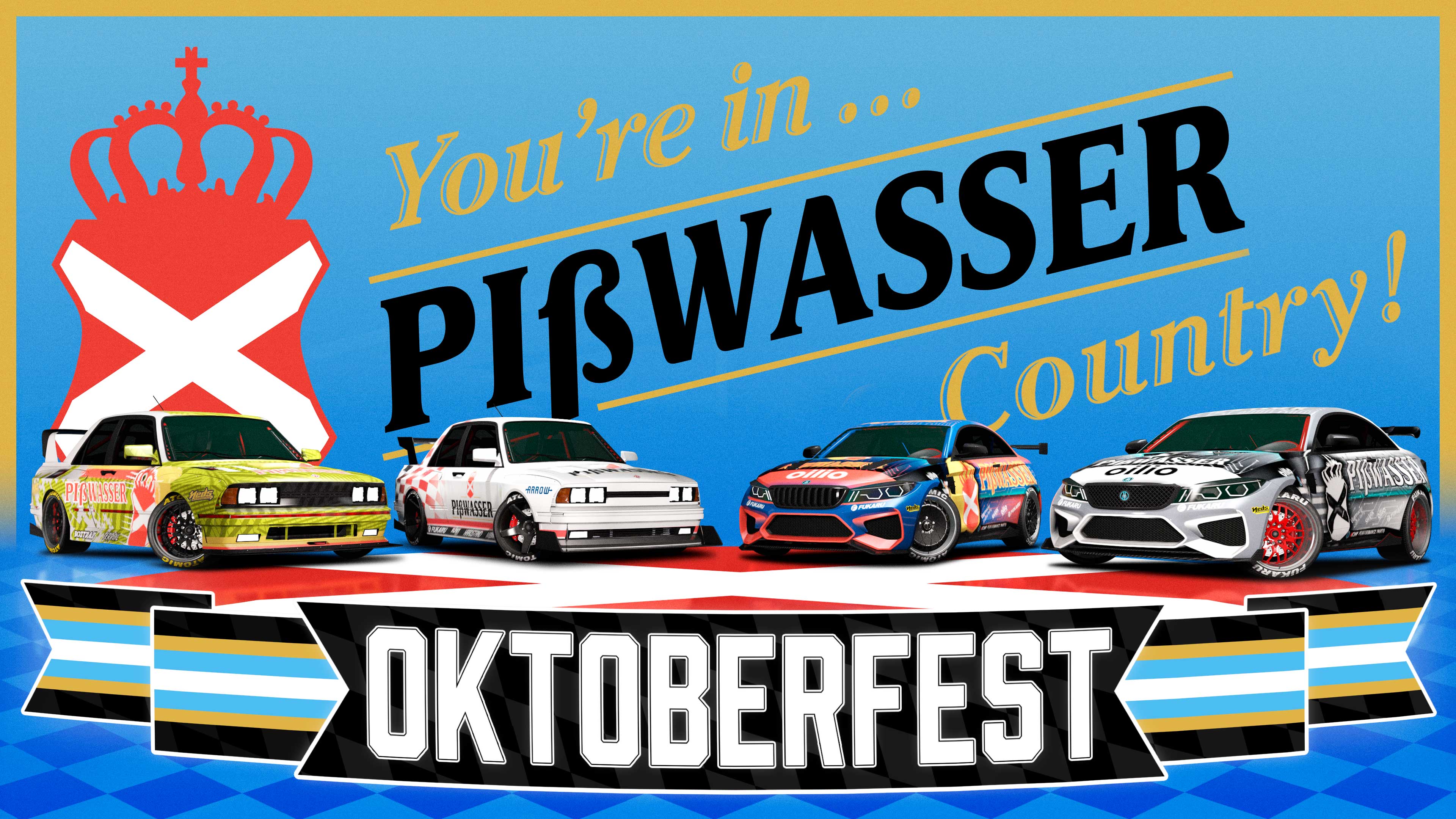 Cartaz do evento da Oktoberfest mostrando quatro carros da Übermacht fazendo drifts com as estampas Pisswasser Corrida Geometria e Pisswasser Corrida, disponíveis por tempo limitado.