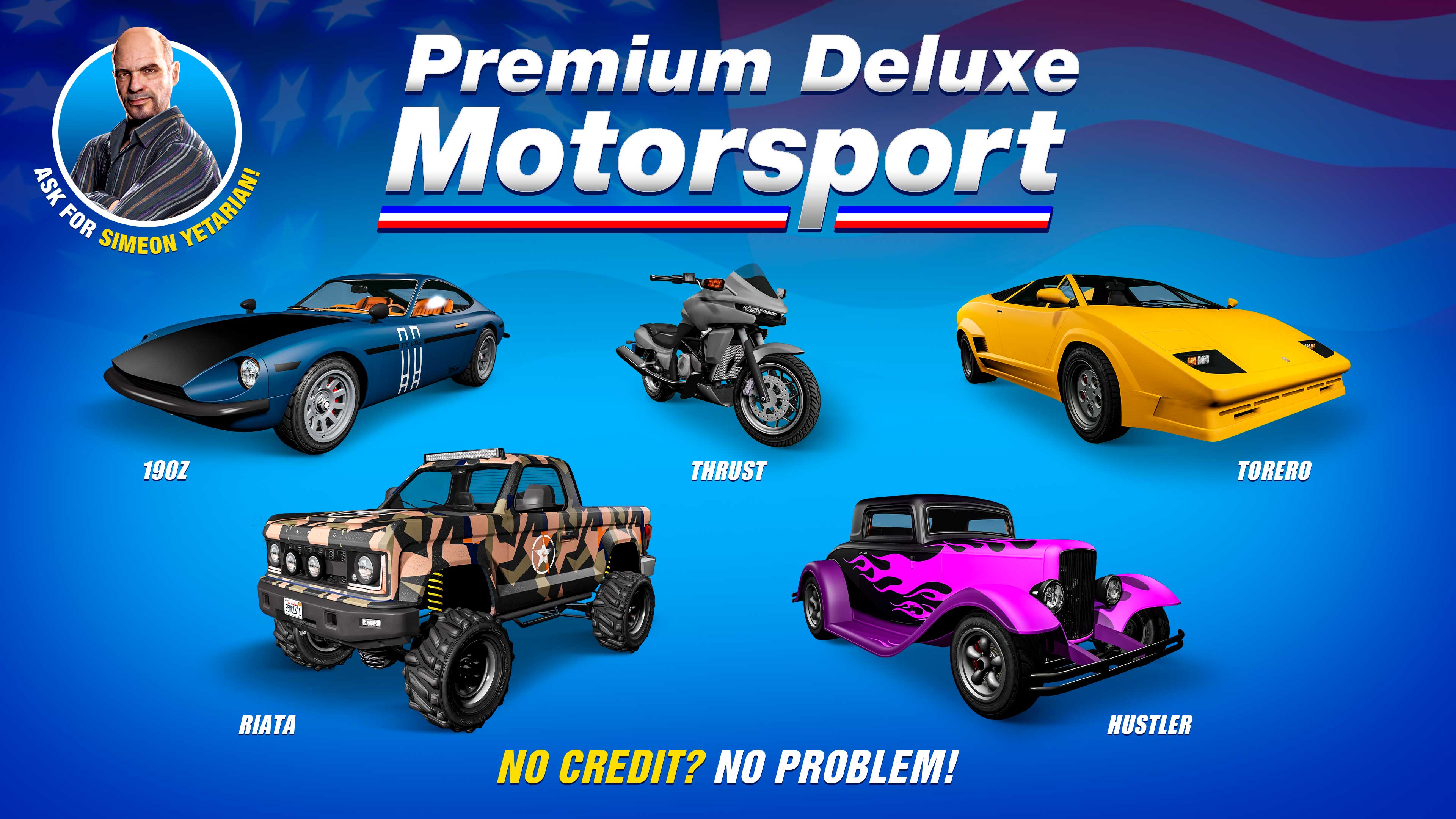 Pôster da Premium Deluxe Motorsport com cinco veículos. Pegassi Torero, Karin 190z, Vapid Hustler, Vapid Riata e Dinka Thrust.