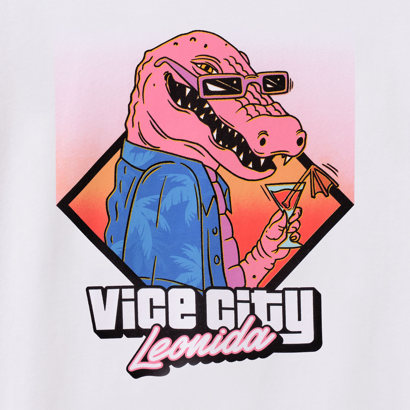White T shirt featuring Macca the Gator holding a drink and text that reads: Vice City, Leonida.