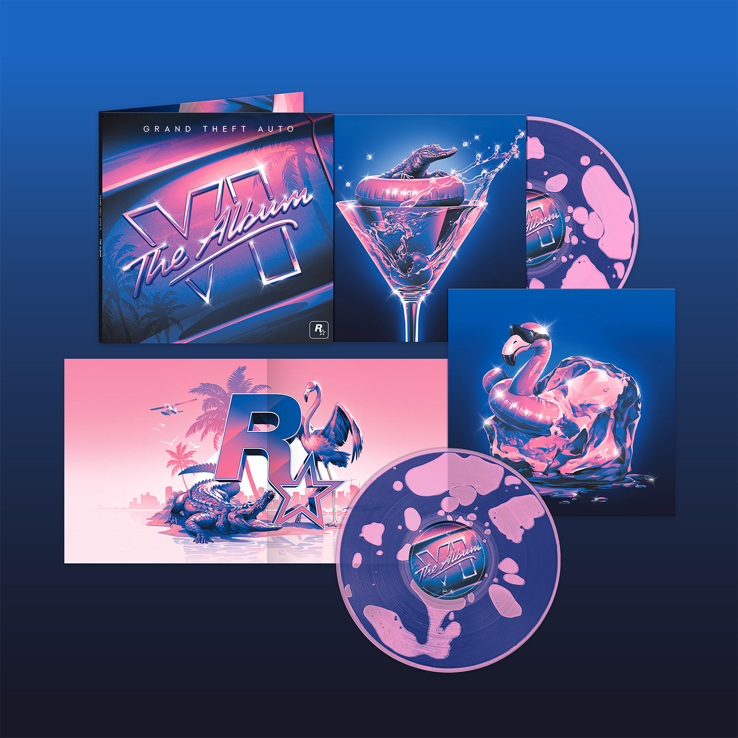 Grand Theft Auto 6: The Album products: vinyl artwork featuring text that reads "Grand Theft Auto" at the top and "6 The Album" on a vehicle window below, vinyl artwork featuring an alligator floating in an inner tube in a martini glass, artwork featuring the Rockstar logo surrounded by an alligator and flamingo, artwork featuring a flamingo inner tube frozen in ice, and a liquid-filled vinyl.
