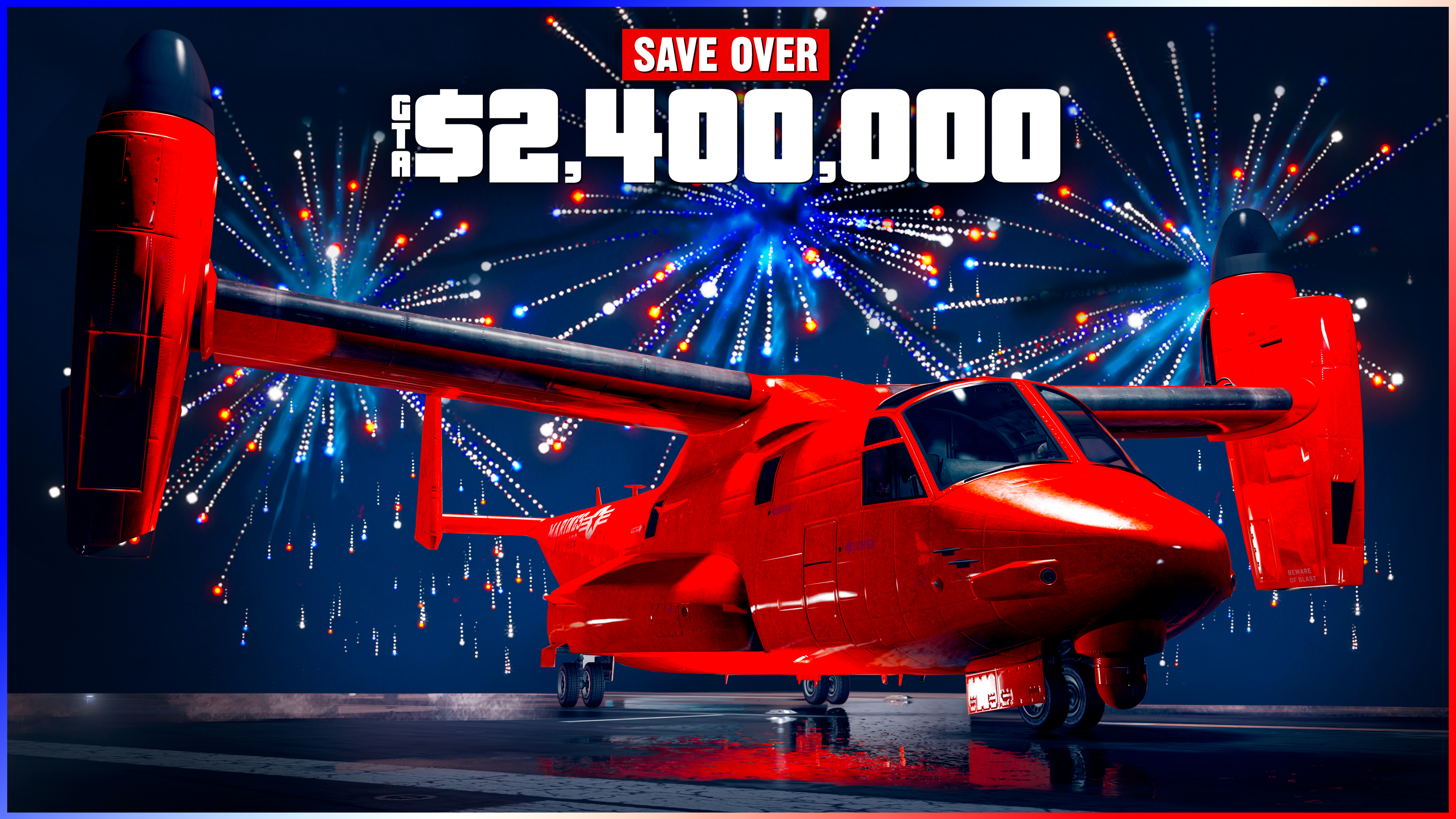 Um avião Mammoth Avenger vermelho com rotores nas extremidades das asas. O texto diz: “Economize mais de GTA$2.400.000.”