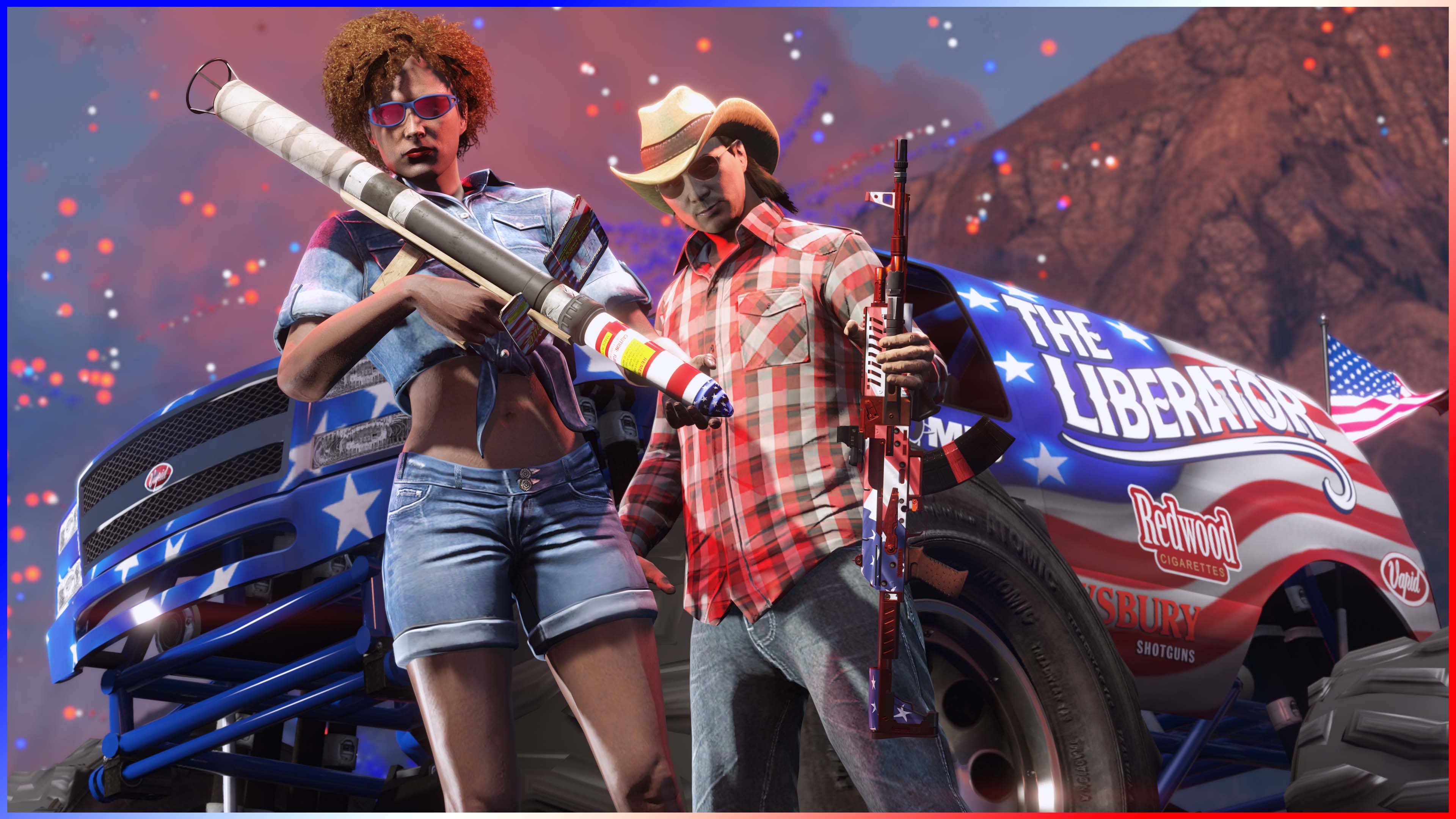A GTA Online character holds a Firework Launcher. Another holds an MK II weapon with the Independence Day livery.