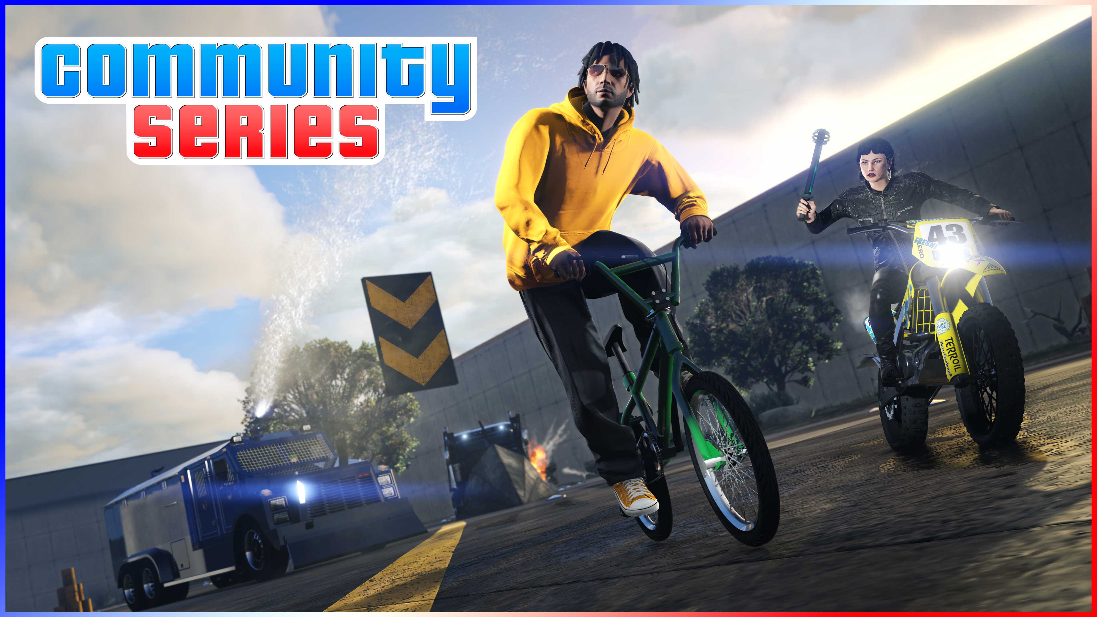 Cartaz da Comunidade em Série com um personagem de GTA Online em uma bicicleta fugindo de: outro personagem em uma moto empunhando uma arma corpo a corpo; um caminhão blindado; e um caminhão modificado com uma rampa cônica na frente.