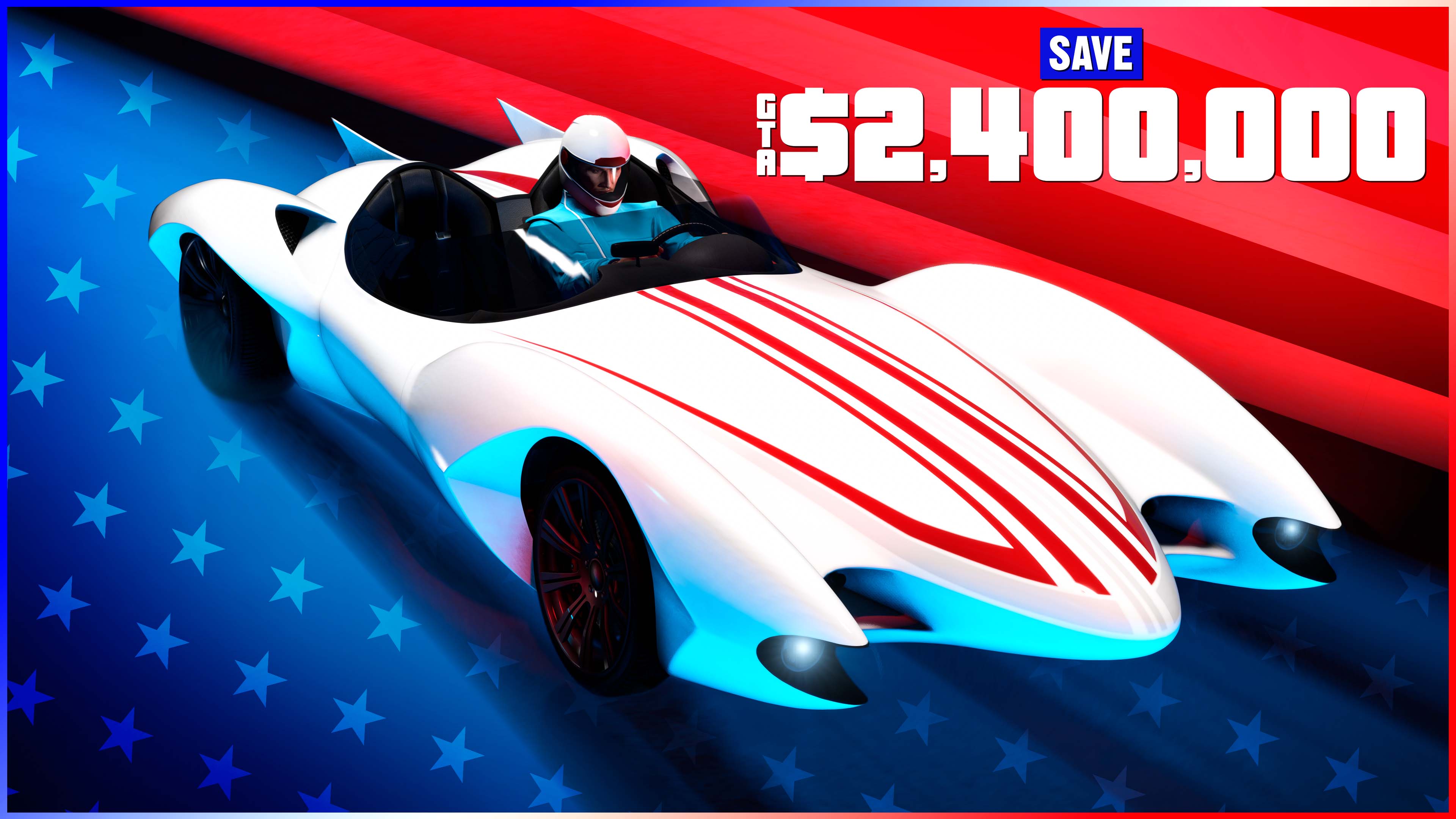 A white Declasse Scramjet with a thin red livery down the middle driving against a background of red and blue streaks with white stars. Text reads: Save over GTA$2,400,000.