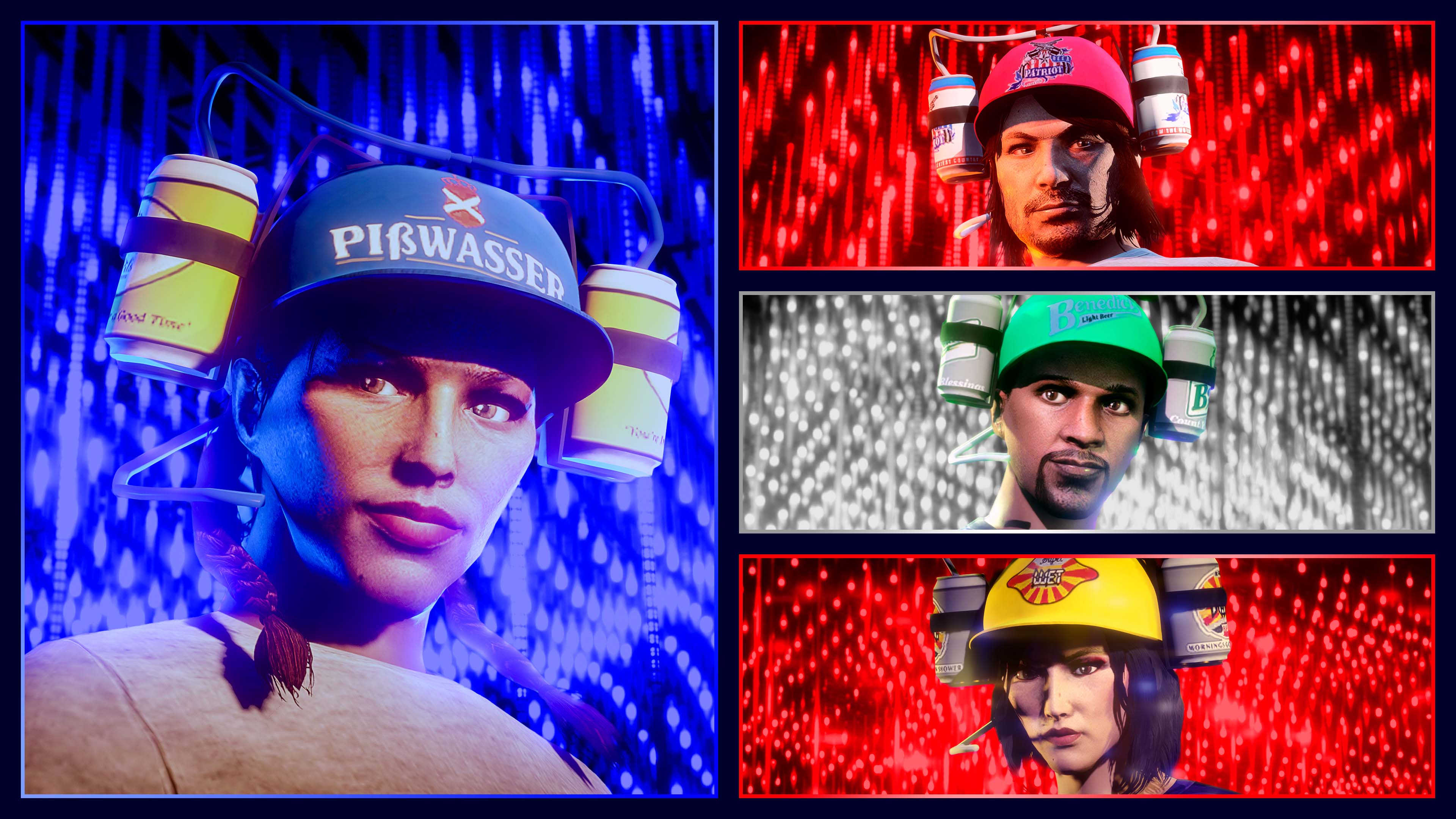 Personagens de GTA Online posam com os chapéus de cerveja Pisswasser Azul, Patriot Vermelho, Benedict Verde e Supa Wet Amarelo, emoldurados na forma da bandeira dos EUA.