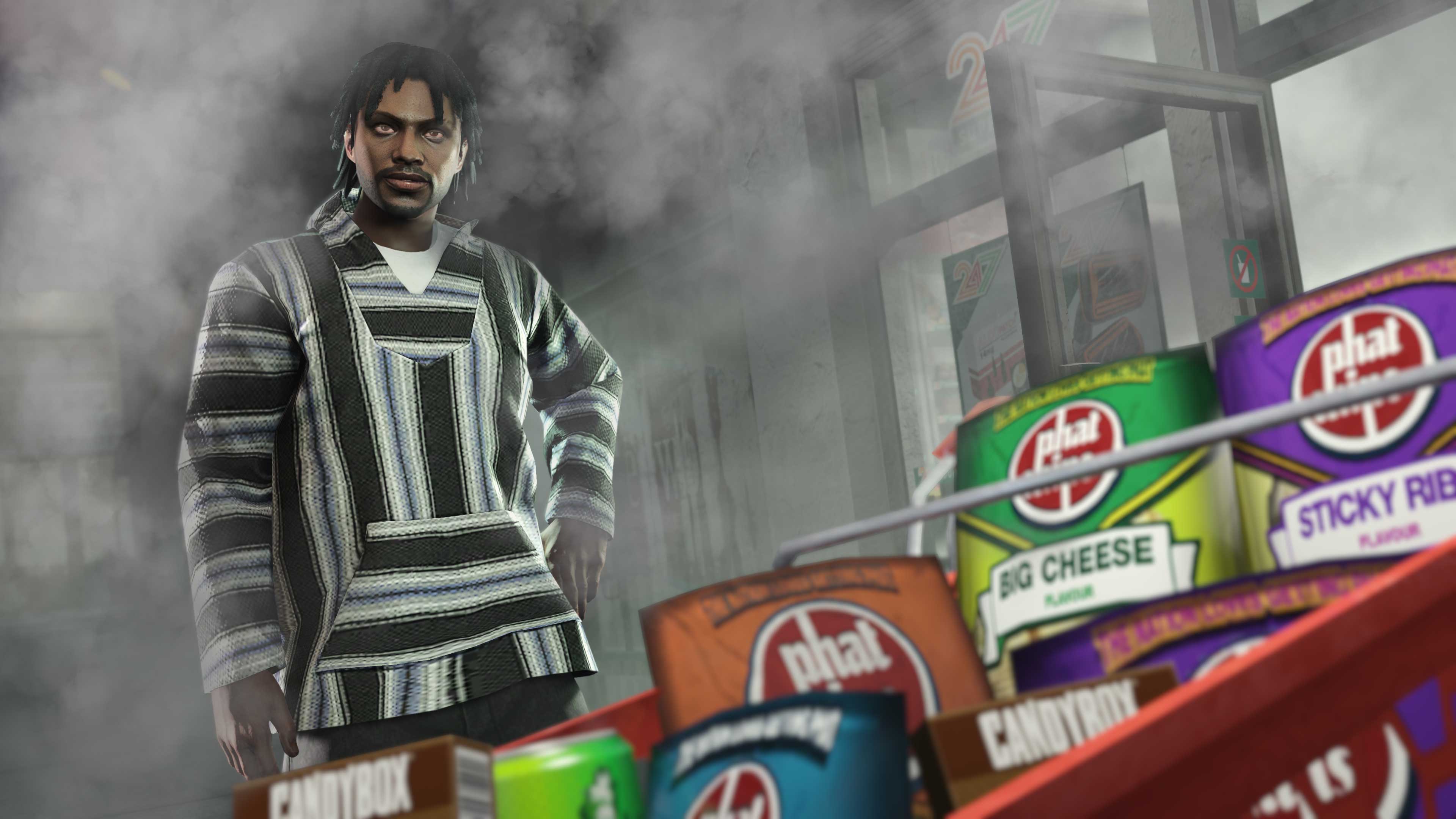 Um personagem do GTA Online com vários pacotes de lanches por perto.