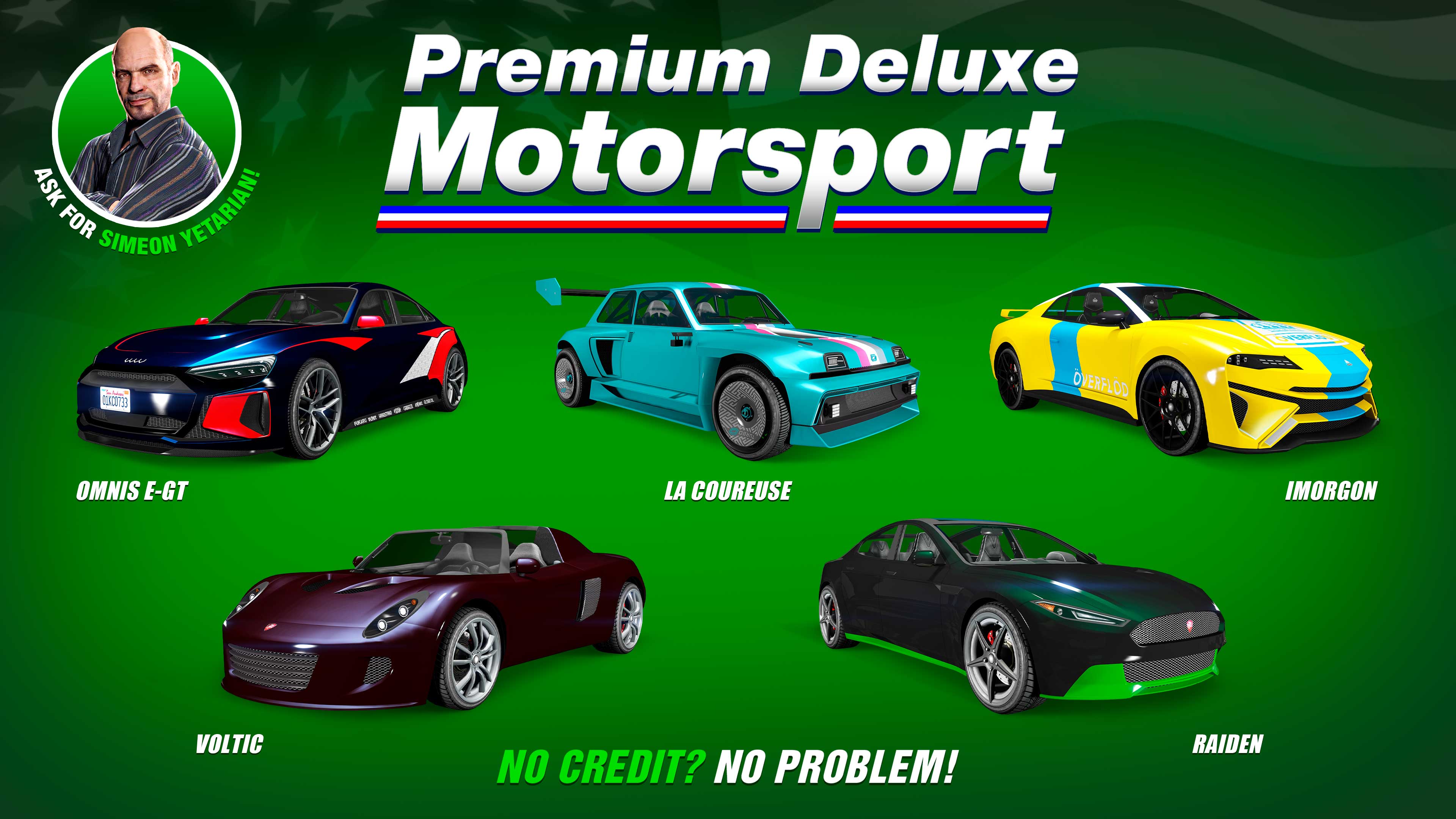 Pôster da Premium Deluxe Motorsport com cinco veículos: Överflöd Imorgon, Coil Raiden, Coil Voltic, Penaud La Coureuse, Obey Omnis e-GT.