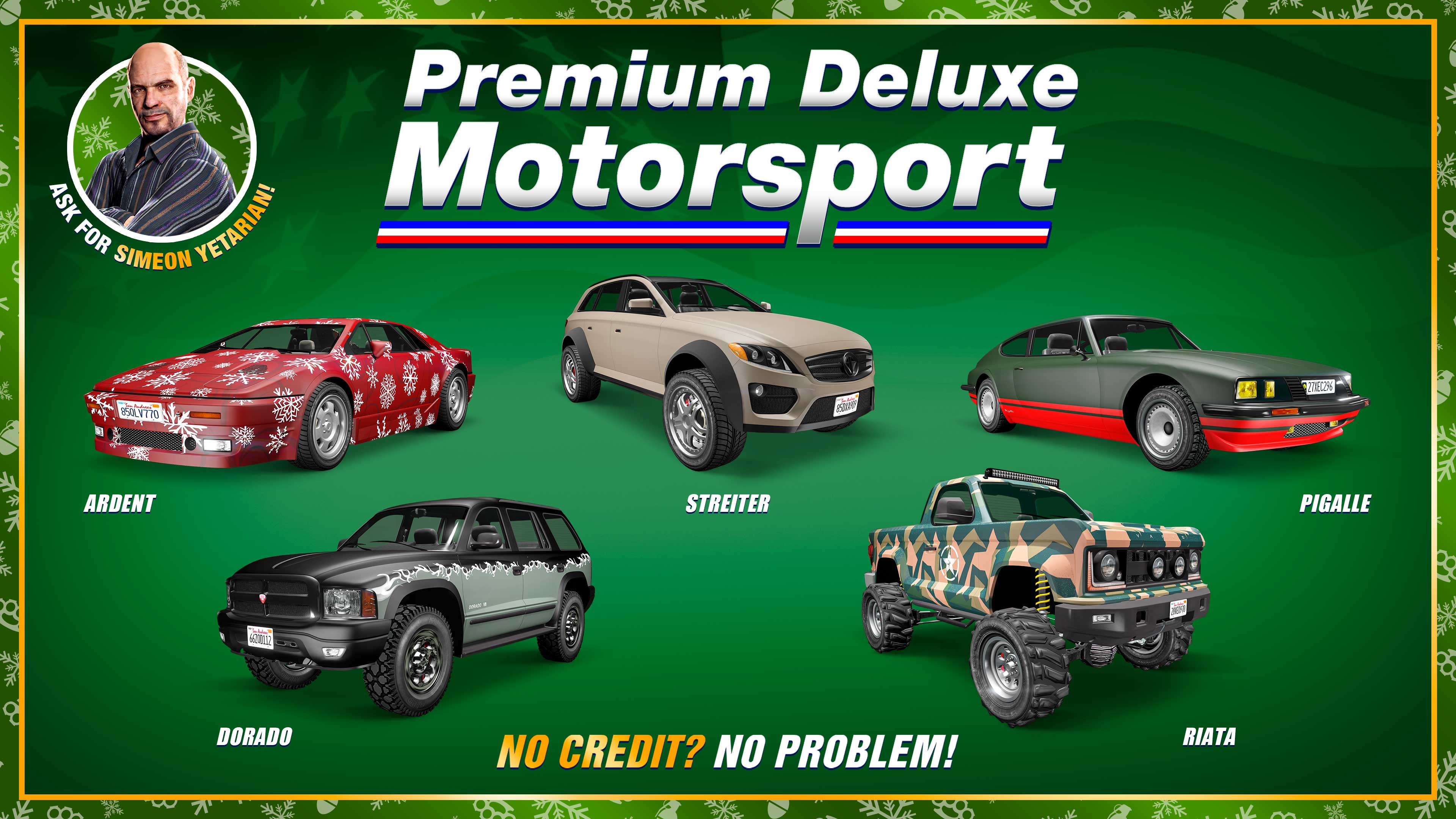 Affiche du showroom de Premium Deluxe Motorsport avec le Bravado Dorado, l’Ocelot Ardent, la Benefactor Streiter, la Vapid Riata et la Lampadati Pigalle