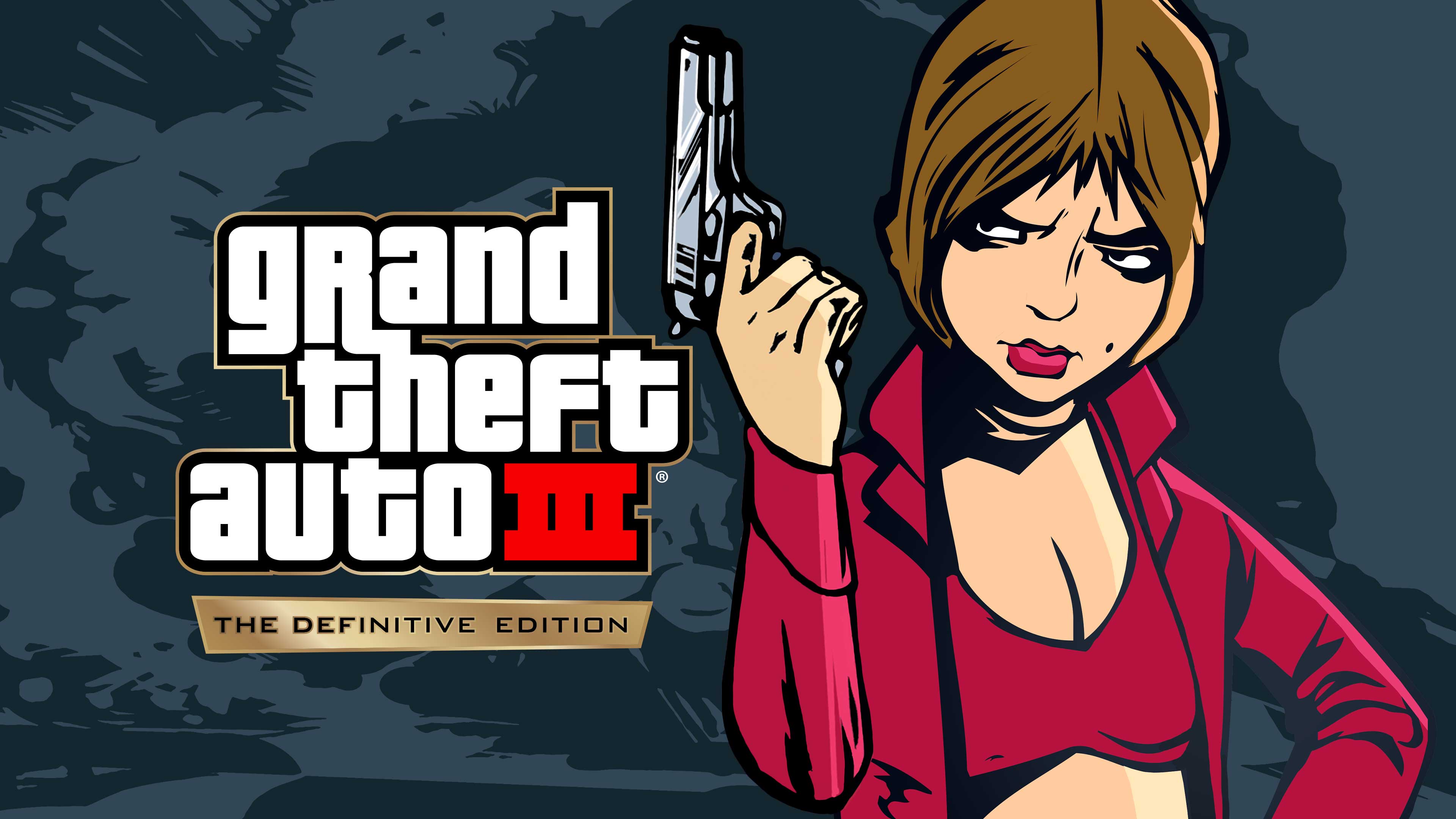 Arte de Grand Theft Auto 3: The Definitive Edition mostrando Misty segurando uma pistola.
