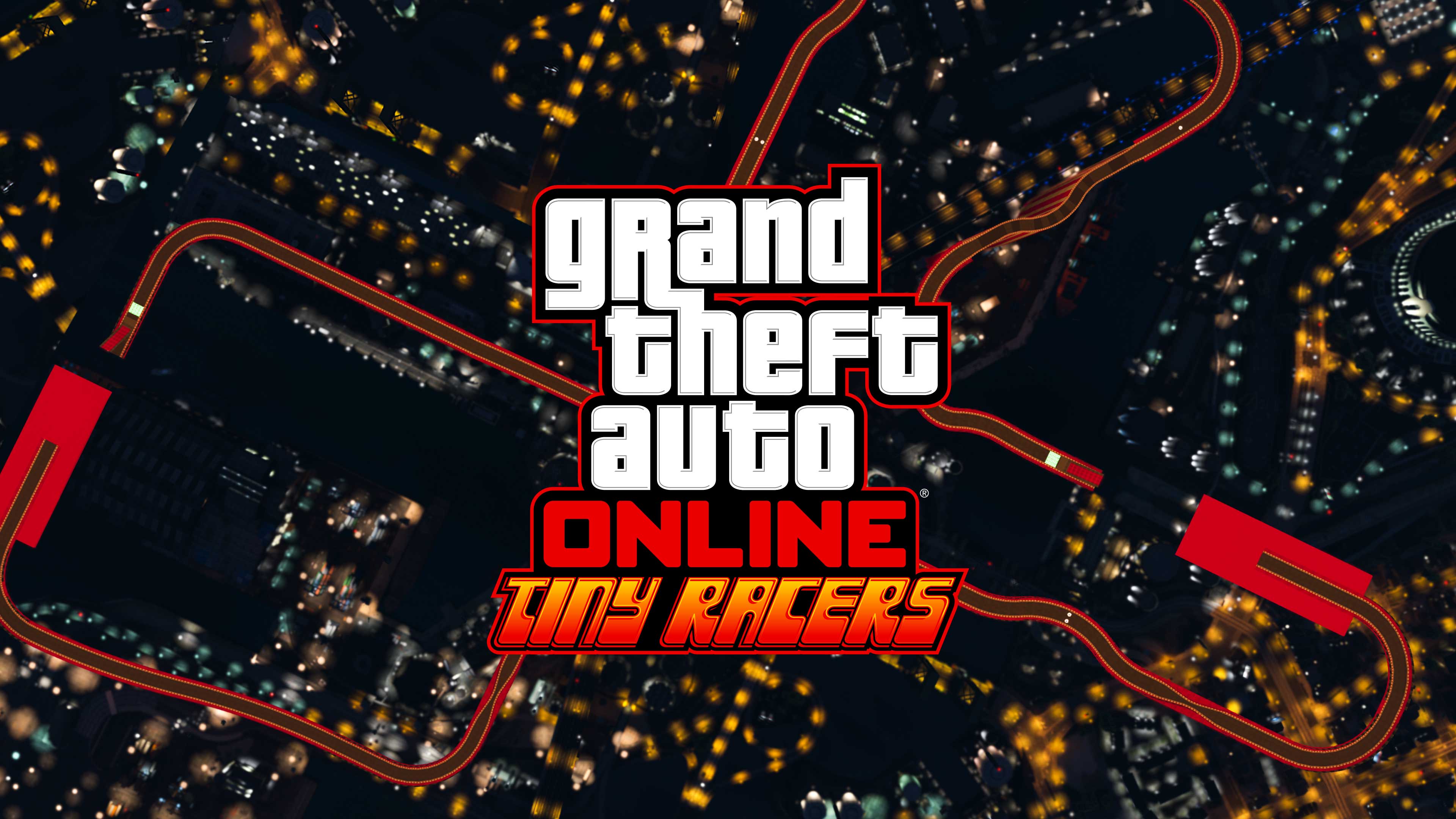 Pôster de Pequenos e Furiosos do Grand Theft Auto Online com uma vista aérea das ruas da cidade.