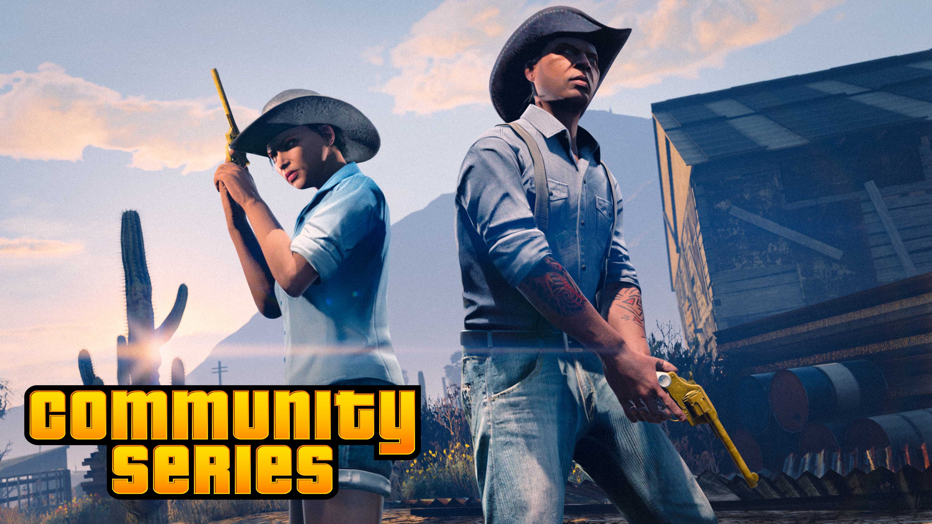 Dois jogadores do GTA Online segurando revólveres dourados em um evento da Comunidade em Série.