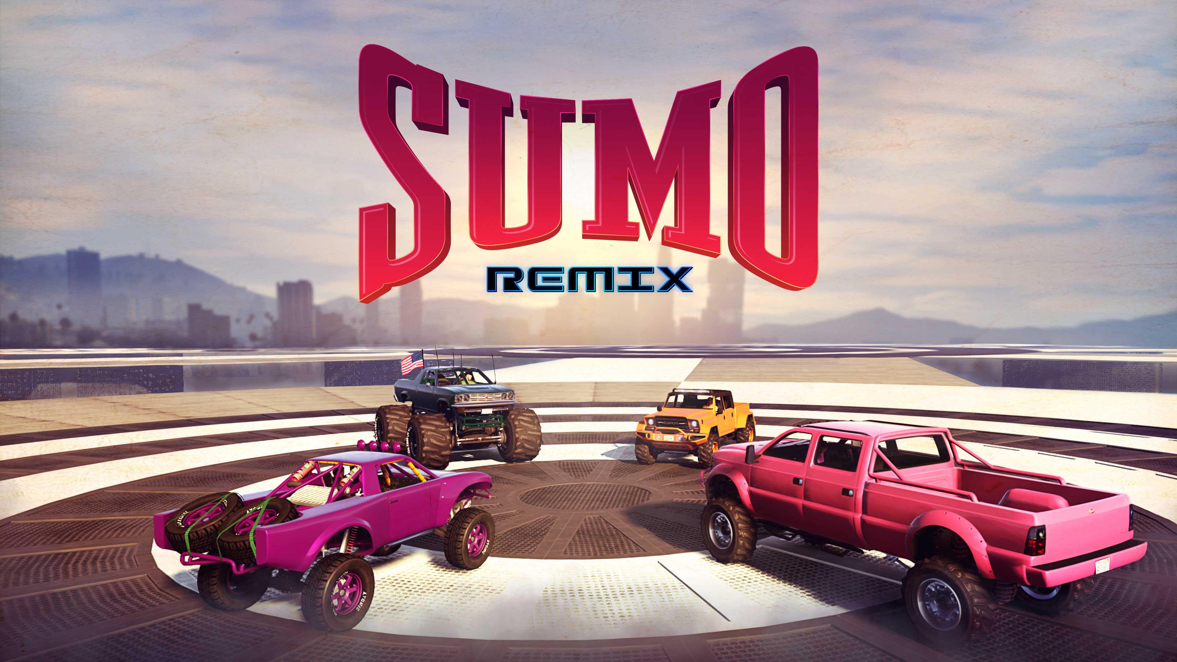 Pôster de Sumô (Remix) com quatro carros off-road.