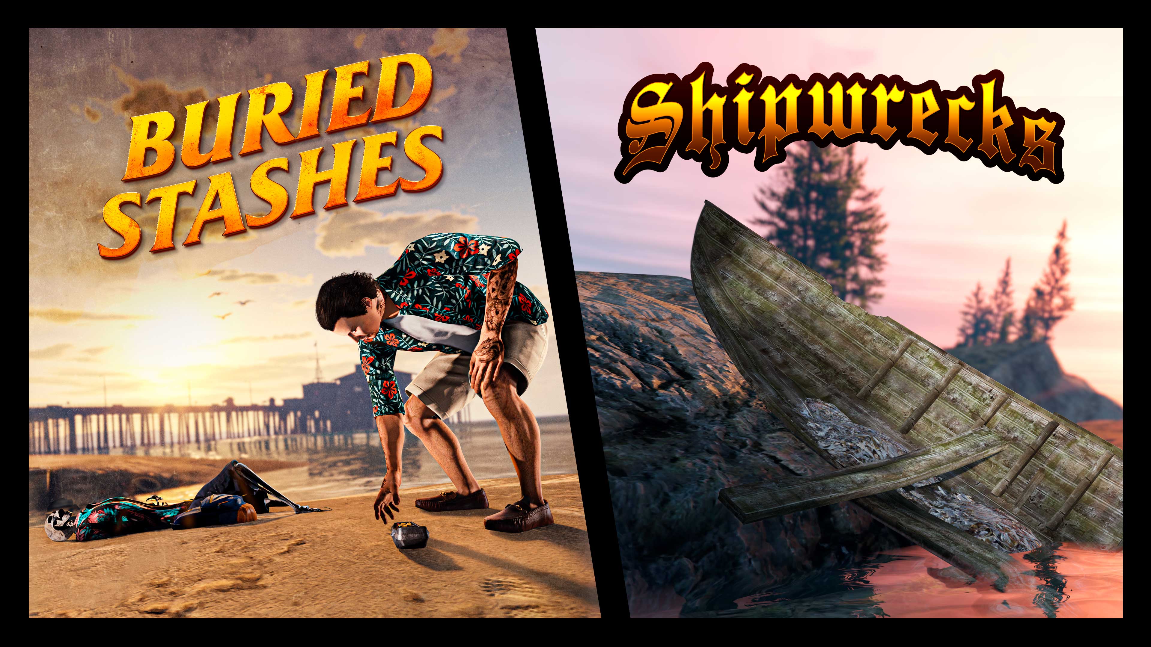 Imagen dividida. A la izquierda se lee: "Alijos enterrados". Un jugador de GTA Online vestido con una camisa hawaiana recoge un dispositivo de la arena cerca de un esqueleto. A la derecha se lee: "Naufragios", con un naufragio en las rocas de la orilla.