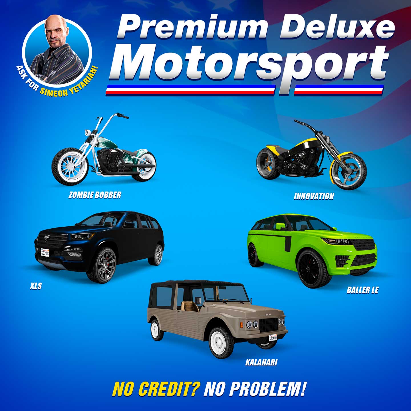 Pôster da Premium Deluxe Motorsport para cinco veículos: Gallivanter Baller LE, LCC Innovation, Benefactor XLS, Canis Kalahari, Western Zombie Bobber.