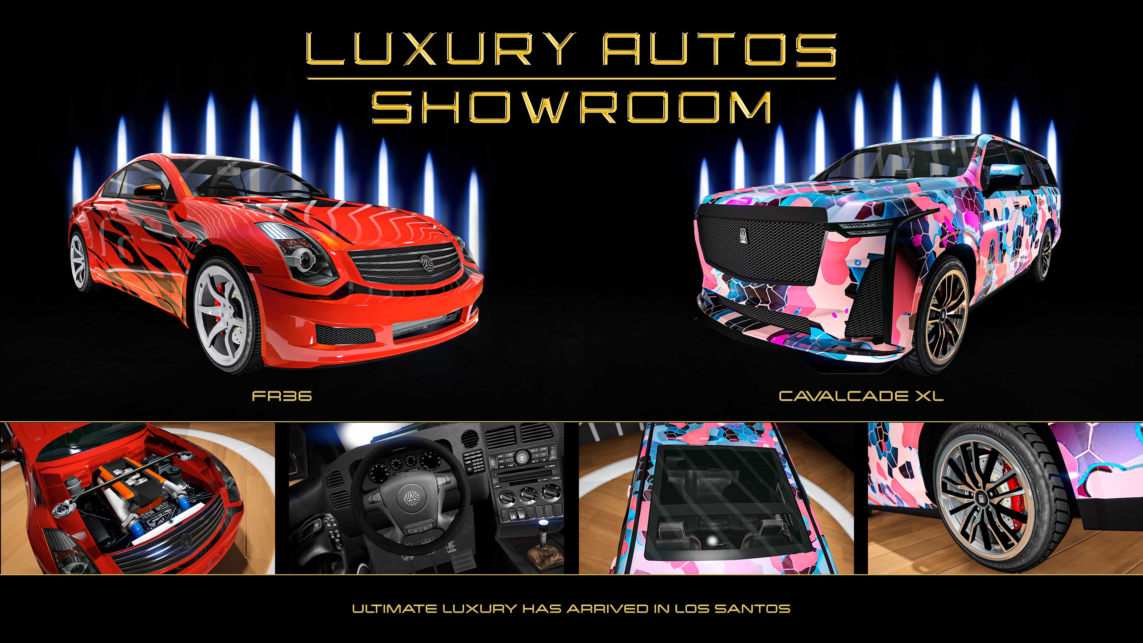 Póster de dos coches del concesionario Luxury Autos. A la izquierda, un Fathom FR36 rojo de tres puertas con la cubierta Llamas negra. A la derecha, un Albany Cavalcade XL de cinco puertas con diseño en mosaico azul, rosa y morado.