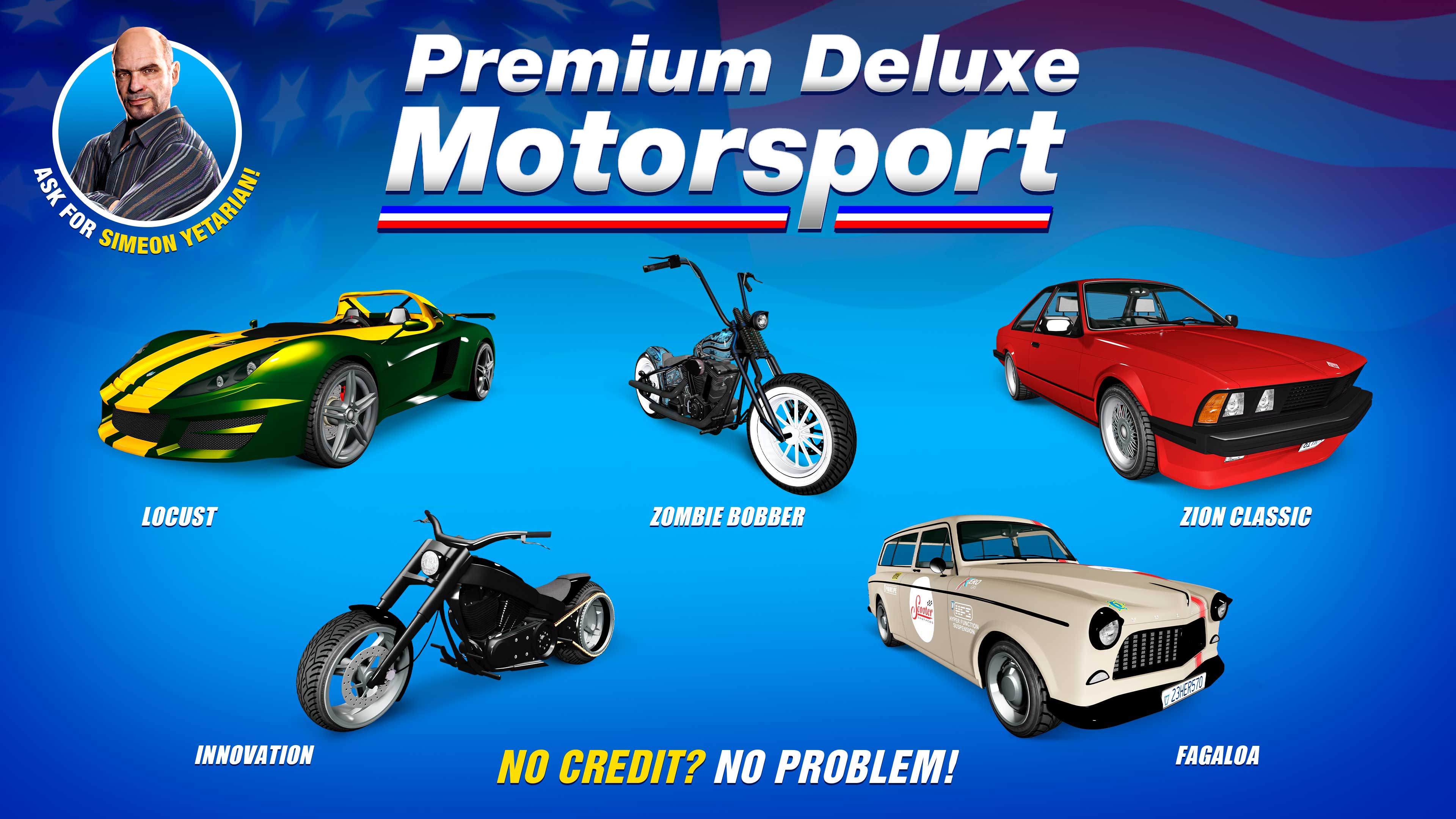 Pôster de cinco veículos da Premium Deluxe Motorsport: LCC Innovation, Western Zombie Bobber, Ocelot Locust, Übermacht Zion Clássico e Vulcar Fagaloa.