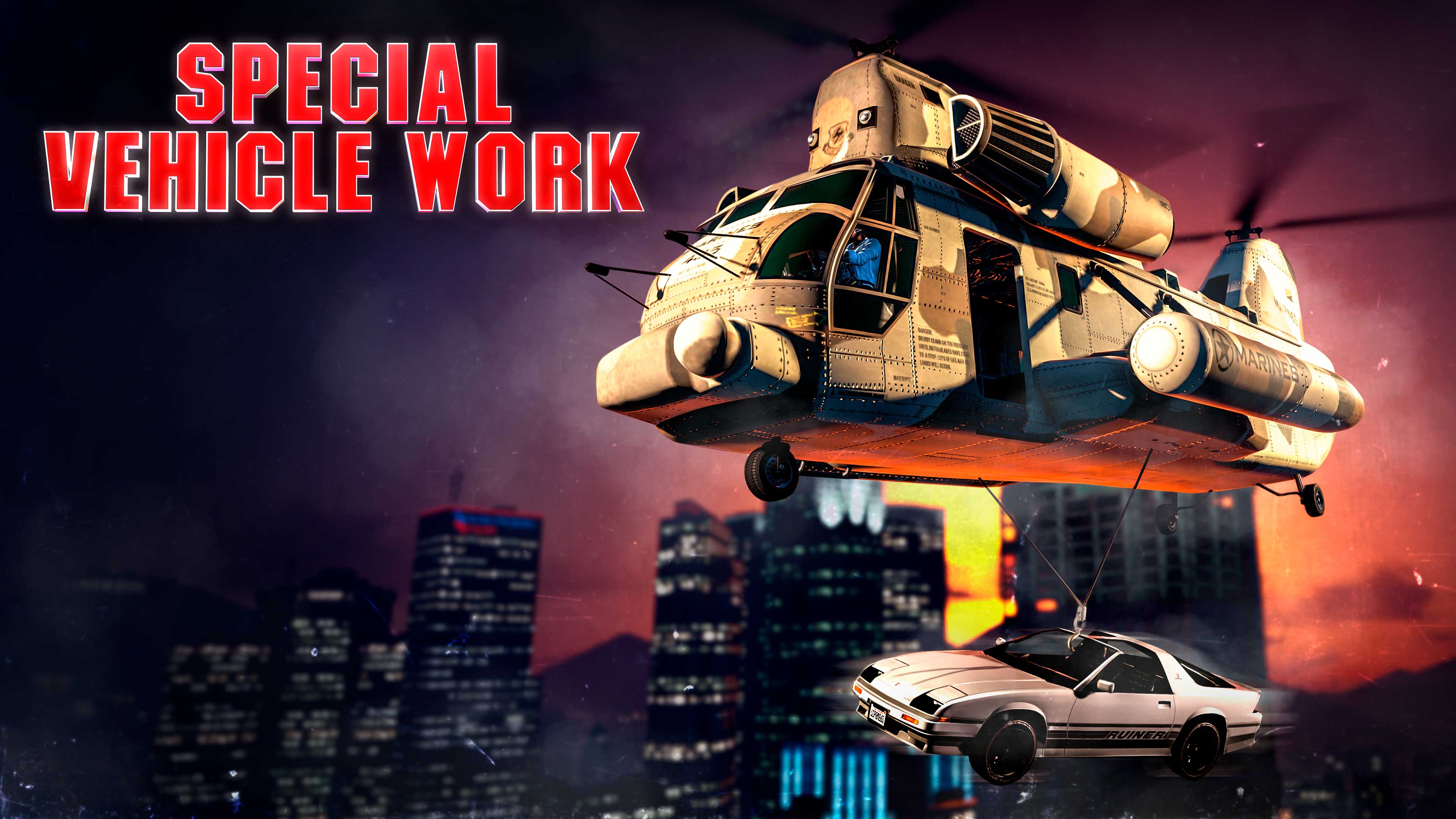 imagem do helicóptero Cargobob com o logotipo de Missões de Veículos Especiais no GTA Online