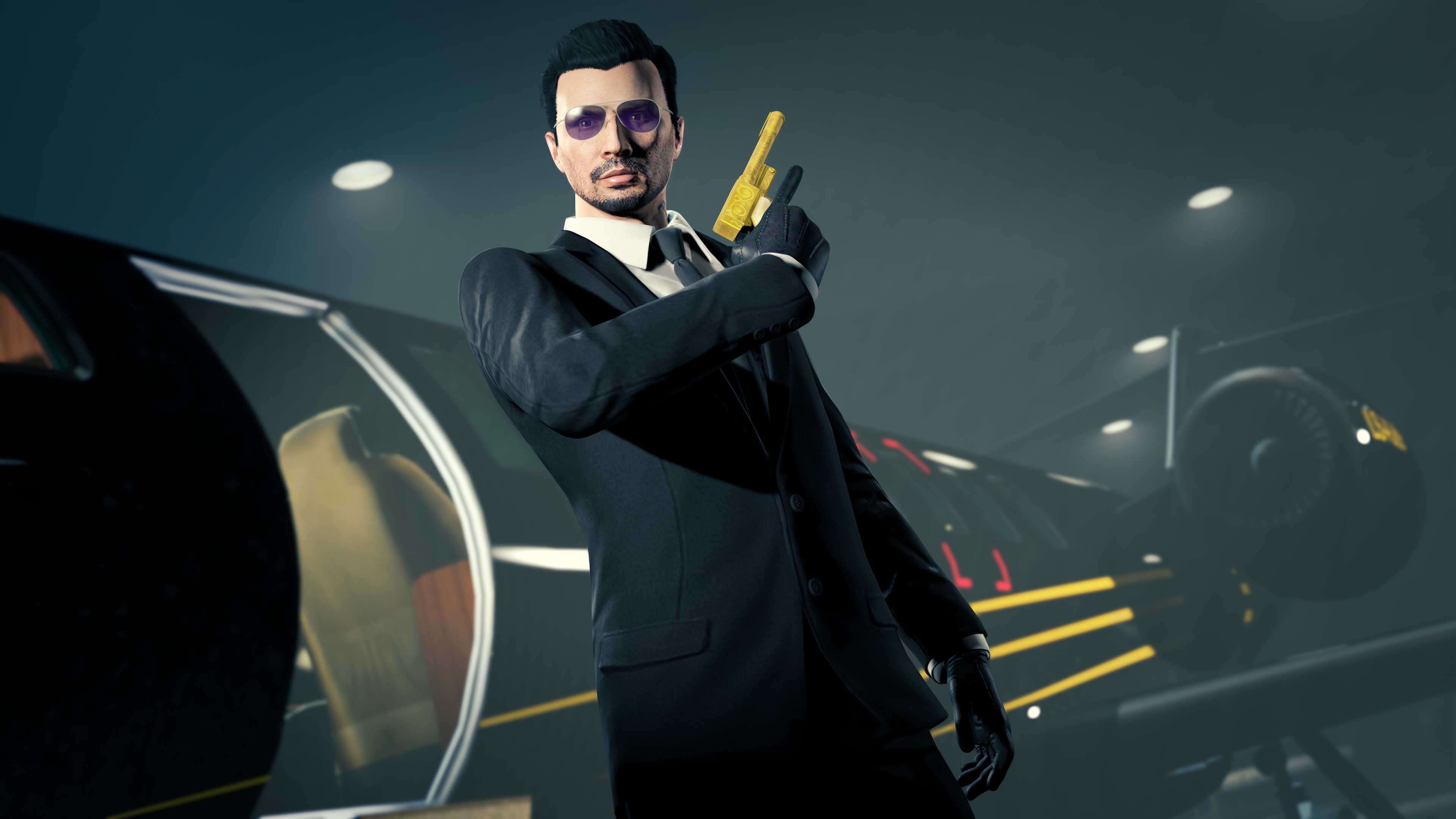 imagem de um personagem bem-vestido no GTA Online com a Pistola Perico do El Rubio