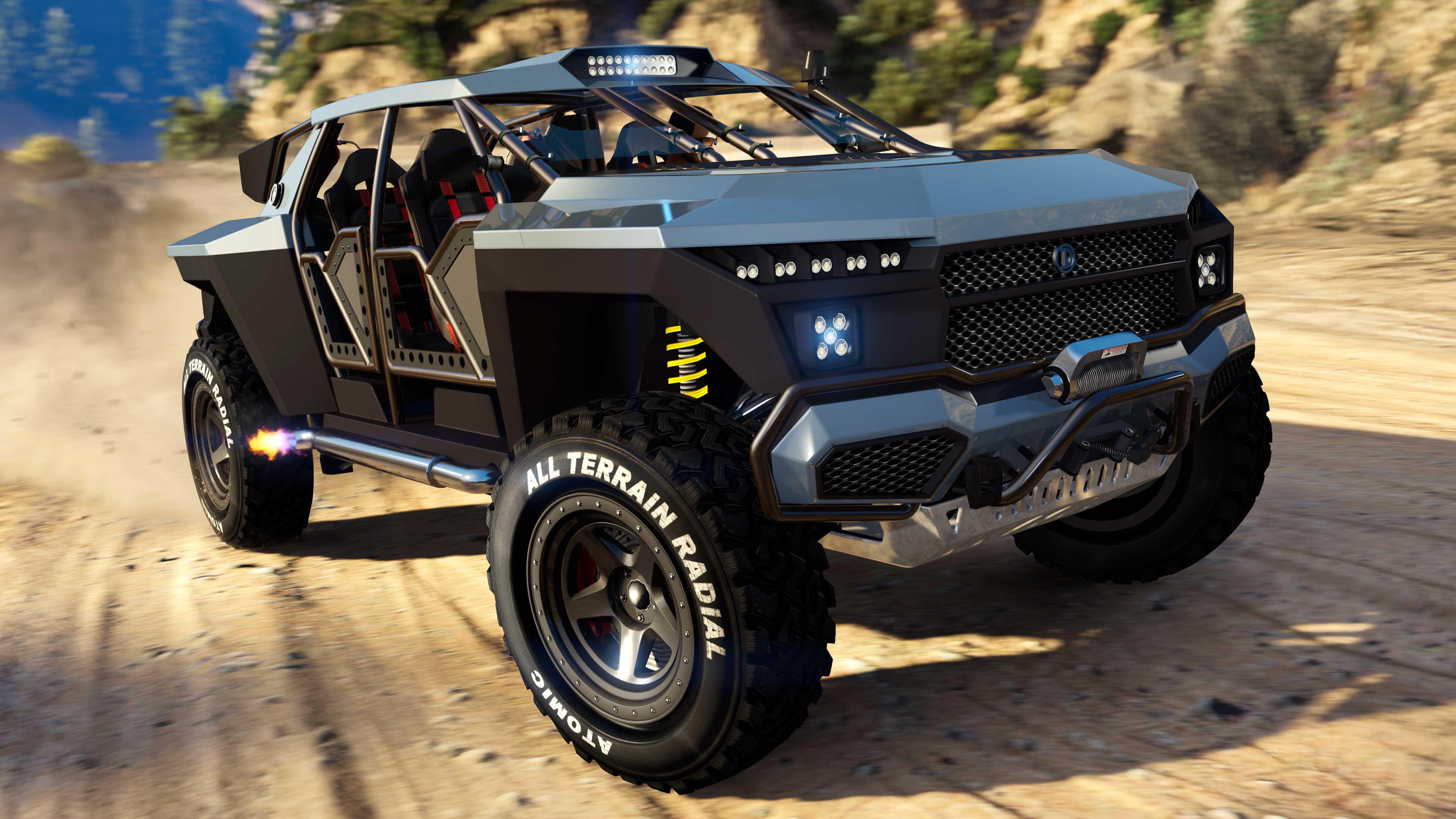 Um carro off-road Declasse Draugur preto em alta velocidade em uma pista de terra.