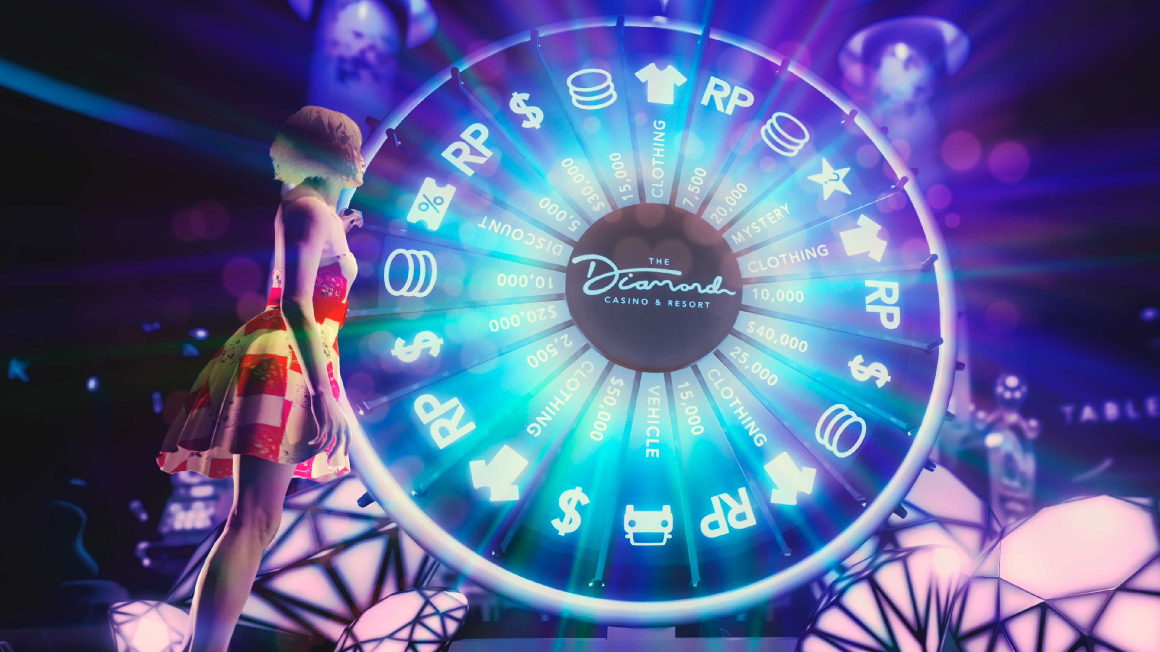 A Roda da Fortuna do Cassino e Resort Diamond brilha intensamente.