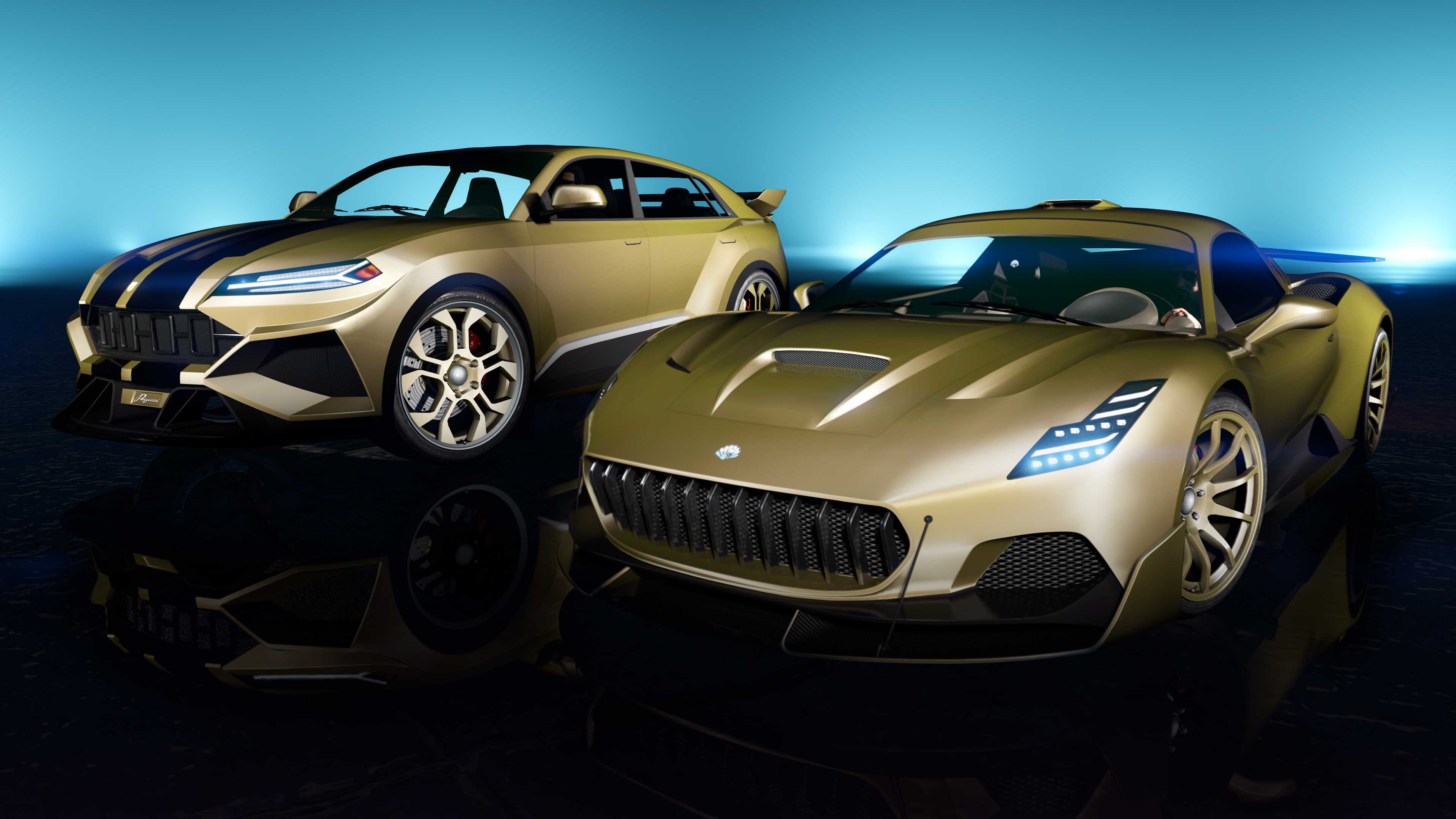 Dois carros lado a lado com a Pintura Camaleão Pérola Anodizada Champanhe e Pintura Camaleão para Rodas Pérola Anodizada Champanhe.