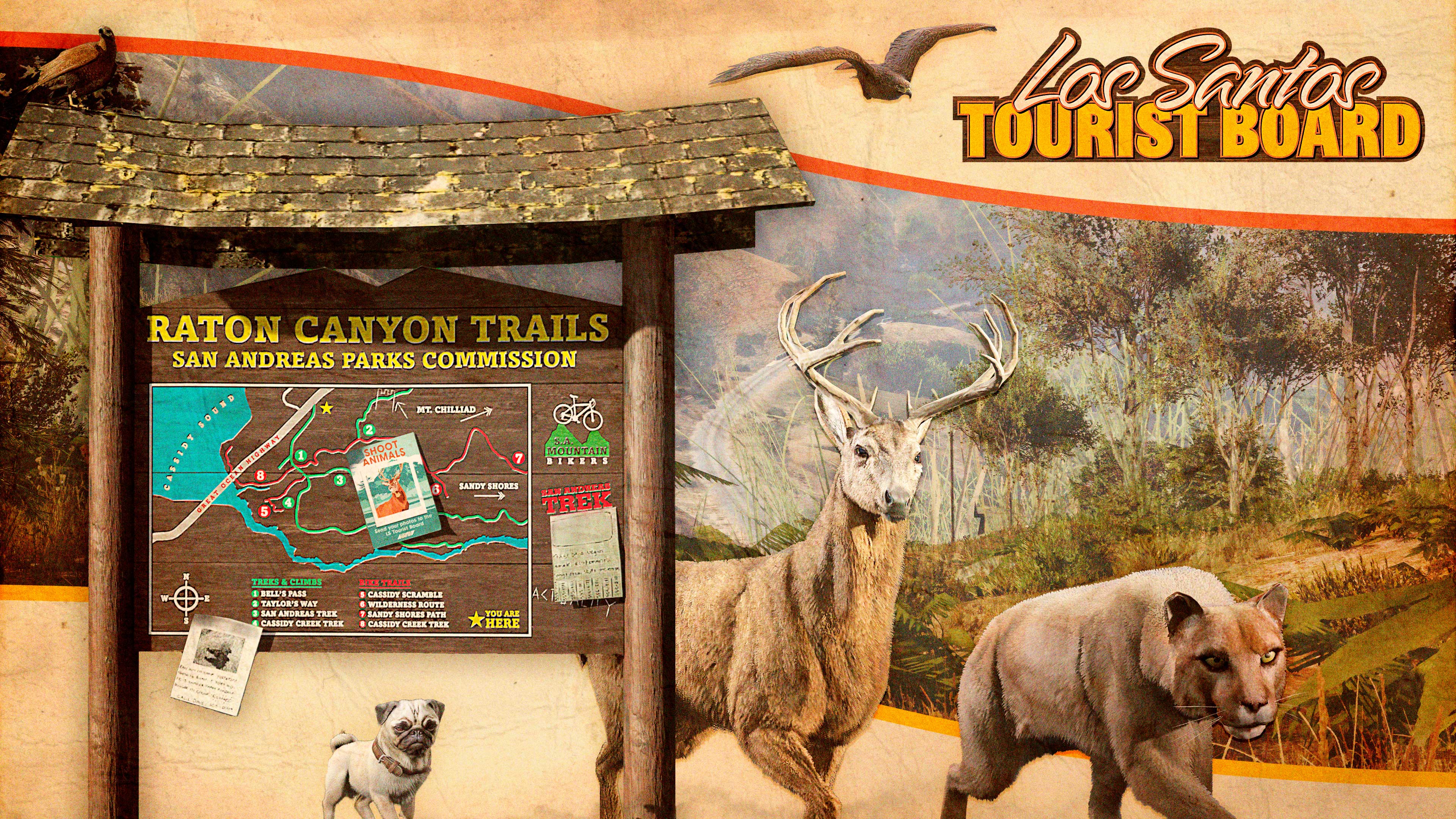 Un póster de un tablero de turismo de Los Santos que muestra caminos de Raton Canyon y animales salvajes, entre ellos un pájaro, un ciervo, un puma y un pug.