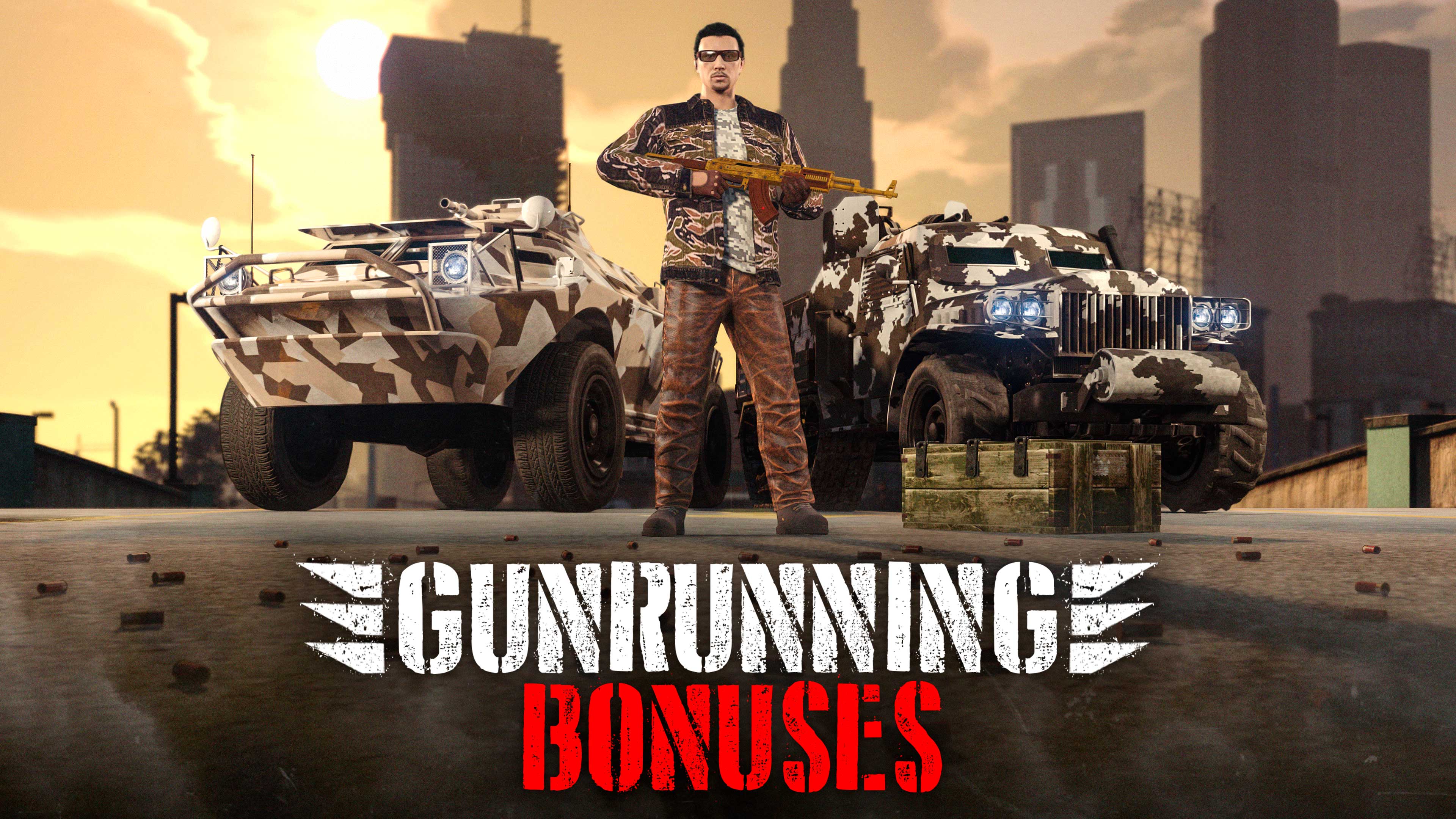 Cartel de bonificaciones de Tráfico de armas. Un jugador de GTA Online sujeta una AK-47 dorada con dos vehículos militares detrás.