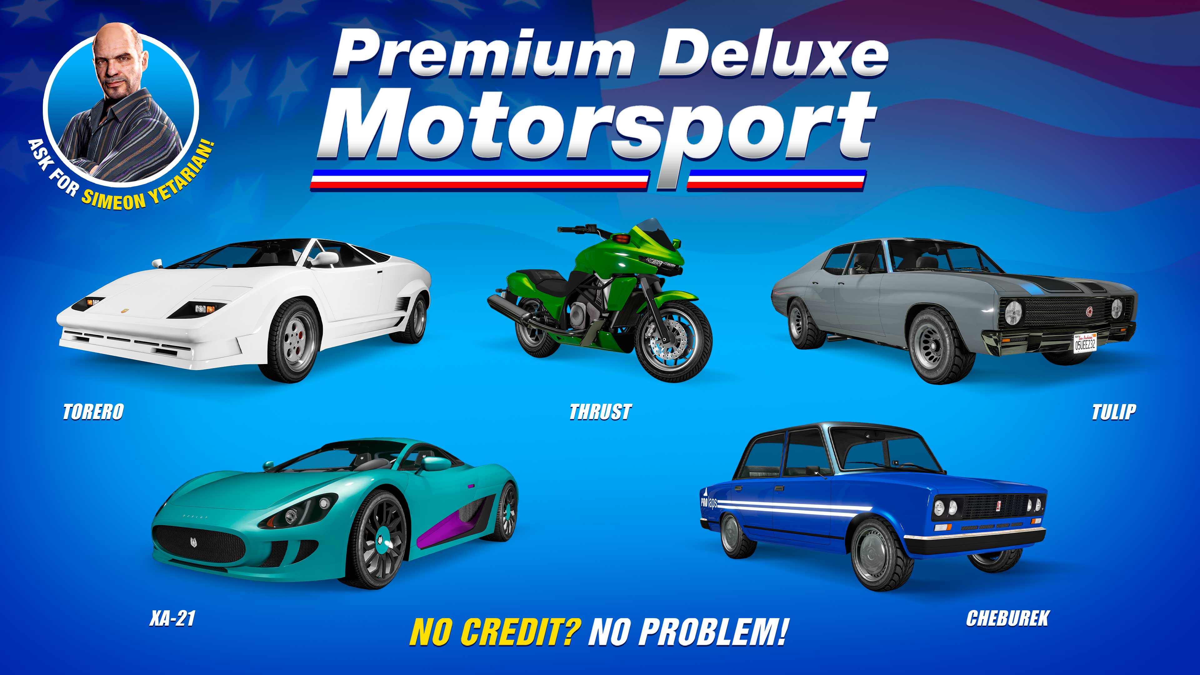 Pôster da Premium Deluxe Motorsport com cinco veículos: Ocelot XA-21, Pegassi Torero, Dinka Thrust, Declasse Tulip e RUNE Cheburek.