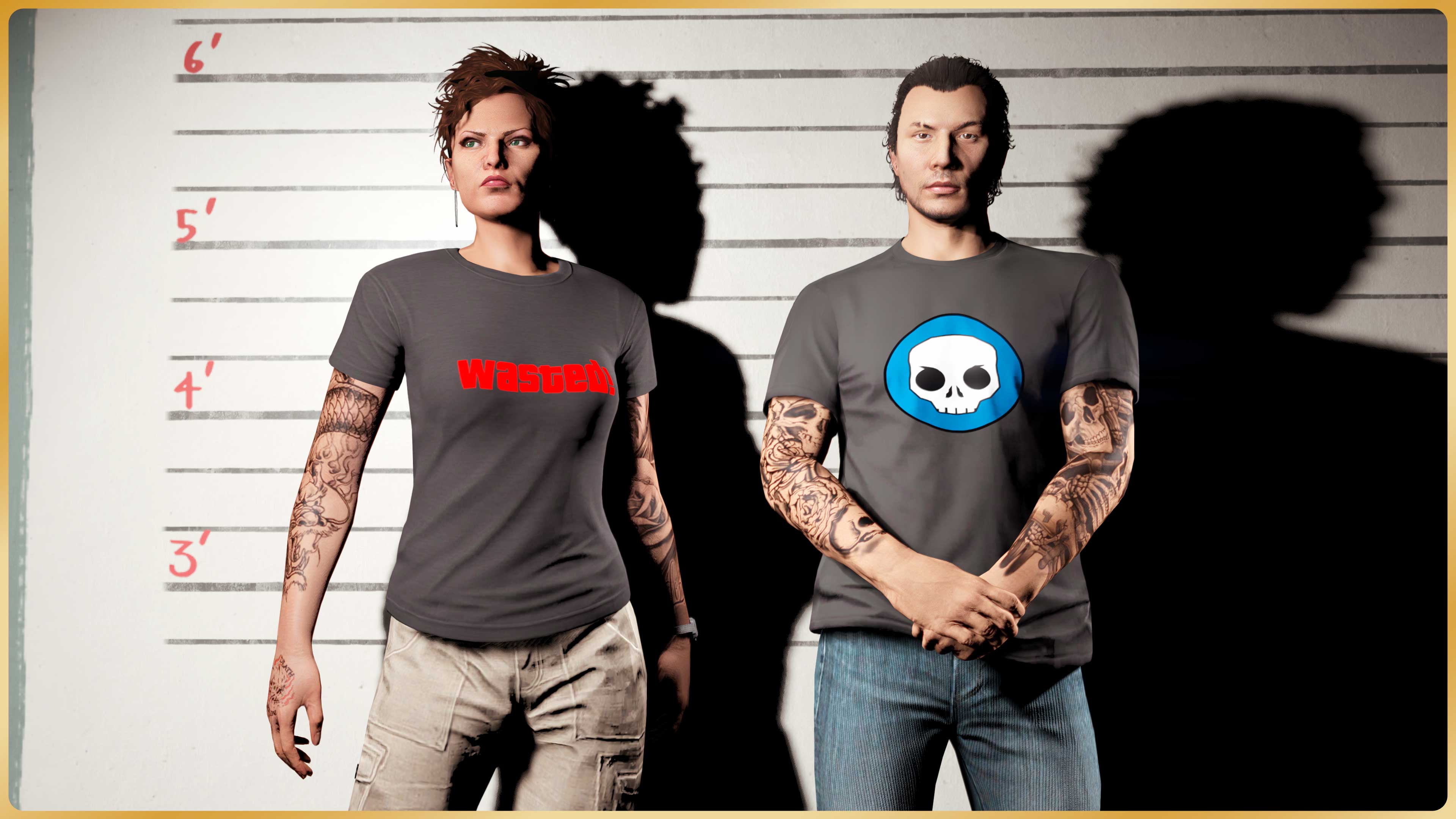 immagine di personaggi di GTA Online che indossano le magliette Wasted! e Rampage