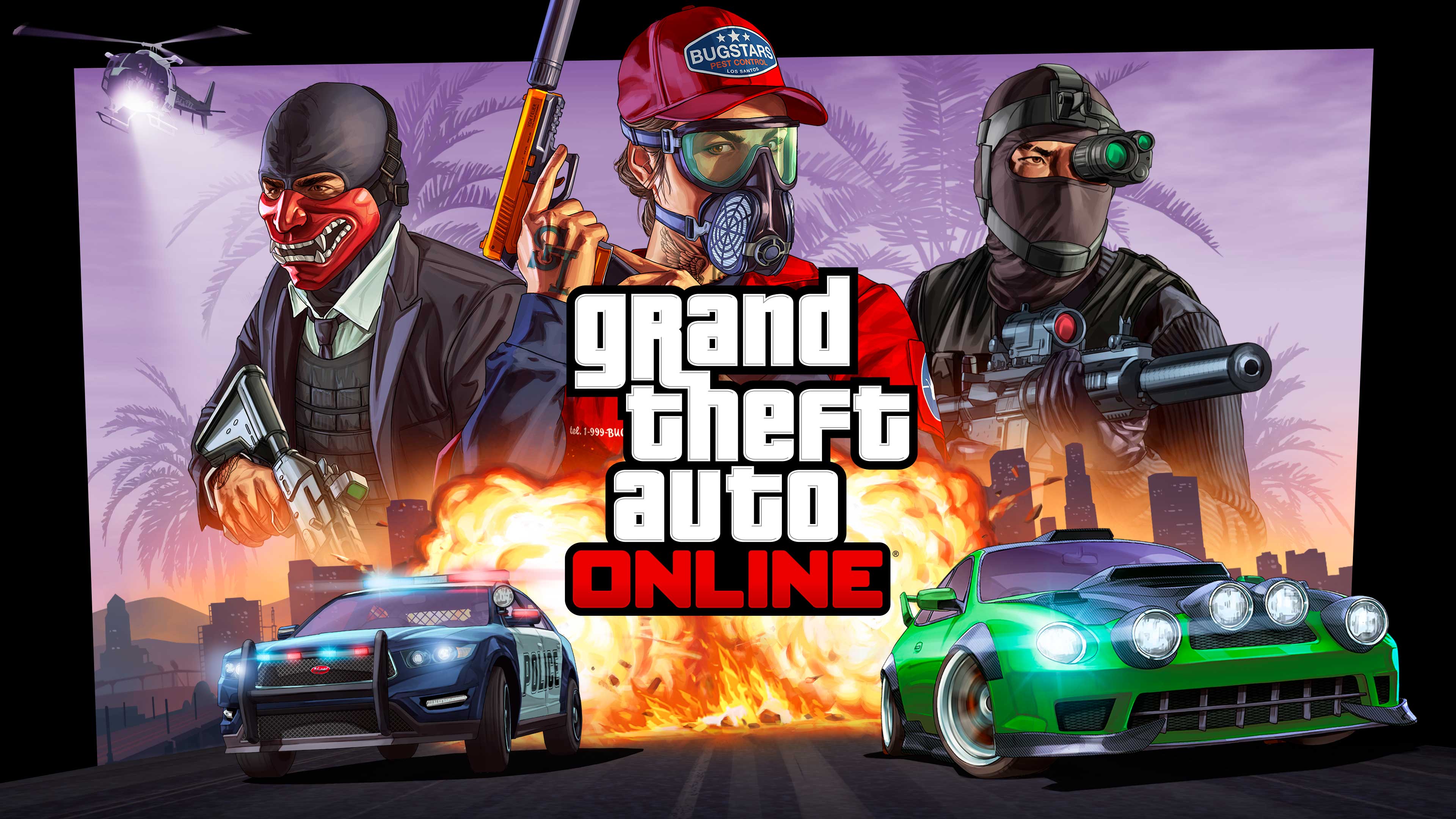 imagem de arte de personagens, veículos e logotipo do GTA Online