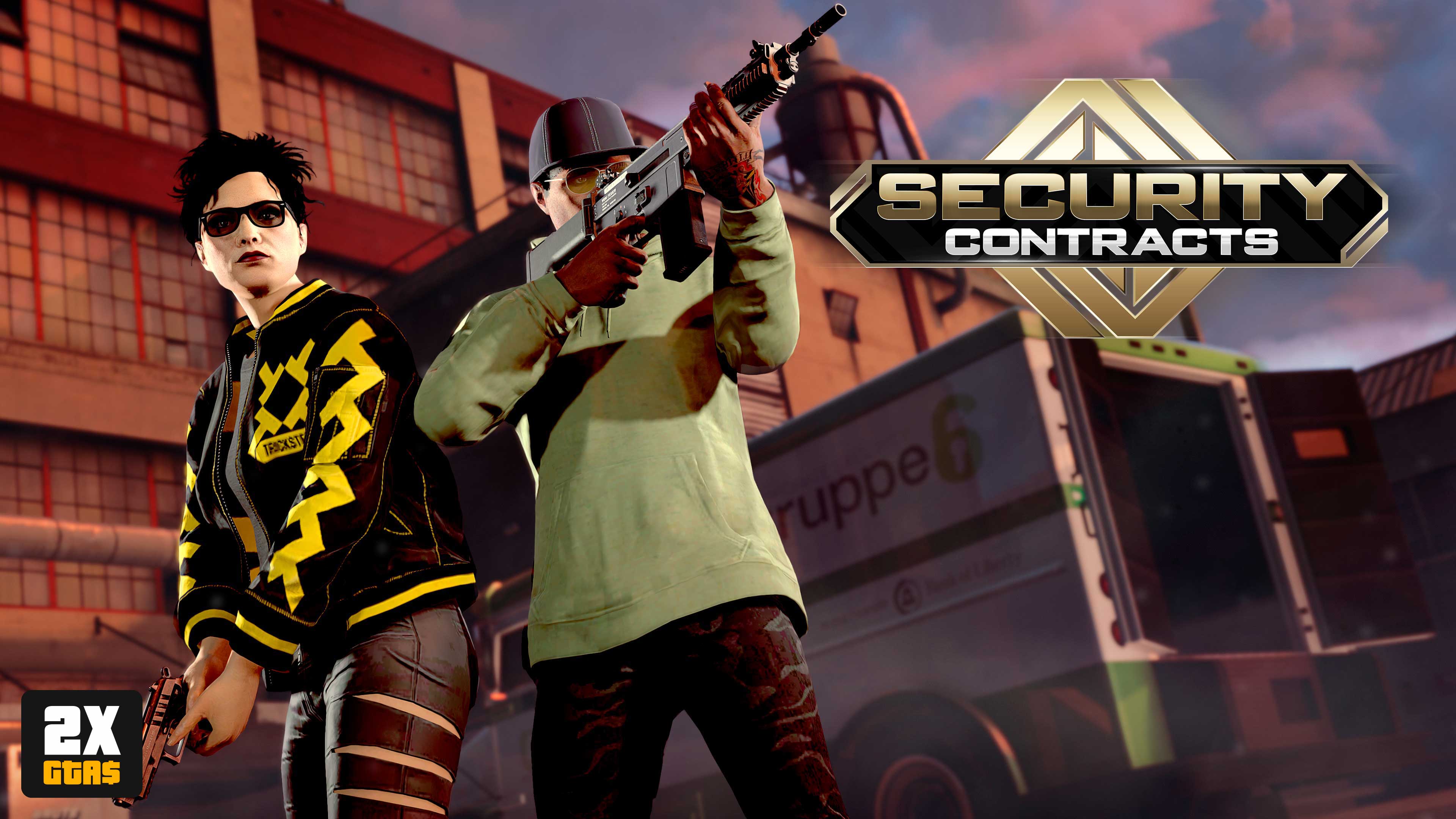 imagem de personagens no GTA Online com o logotipo dos Contratos de Segurança e botão de 2x GTA$