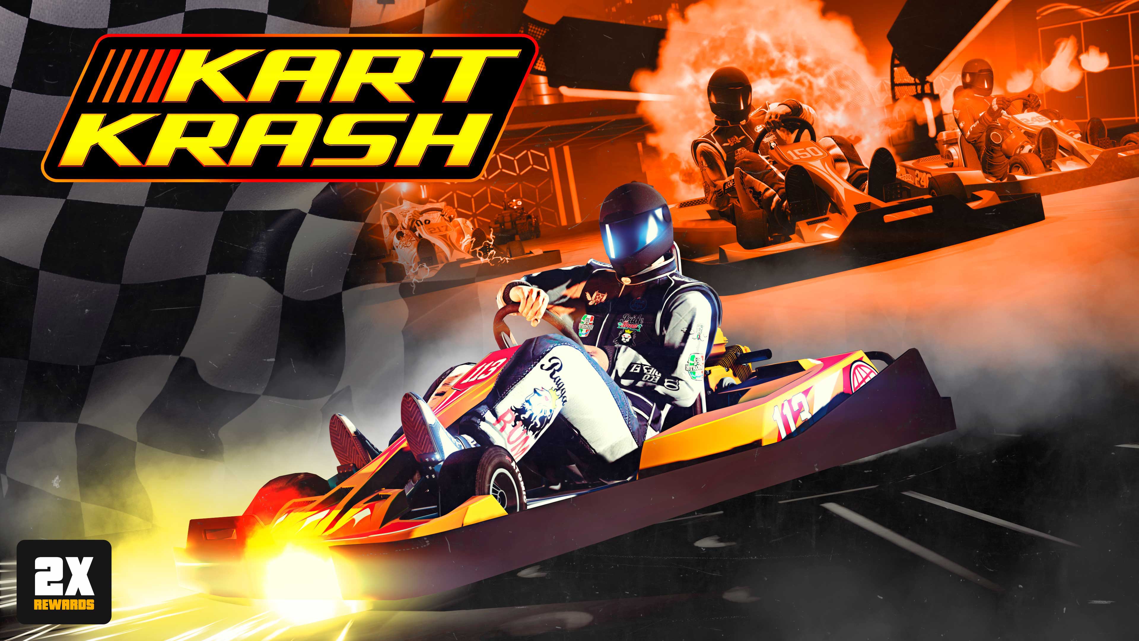 imagem de personagem no GTA Online em um kart com o logotipo de Bate-Kart e botão de 2x Recompensas