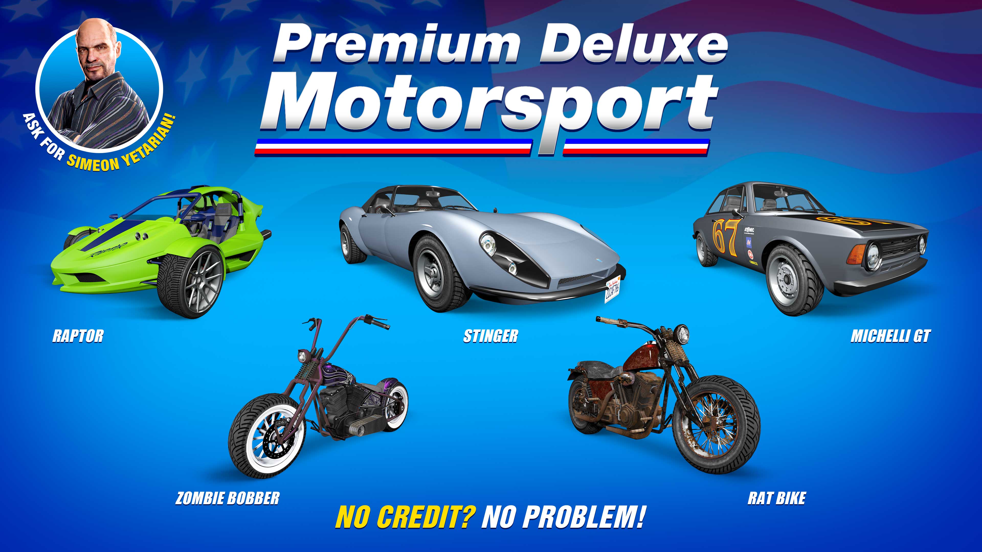 Pôster da Premium Deluxe Motorsport com cinco veículos: Lampadati Michelli GT, BF Raptor, Grotti Stinger, Western Rat Bike, e Western Zombie Bobber.