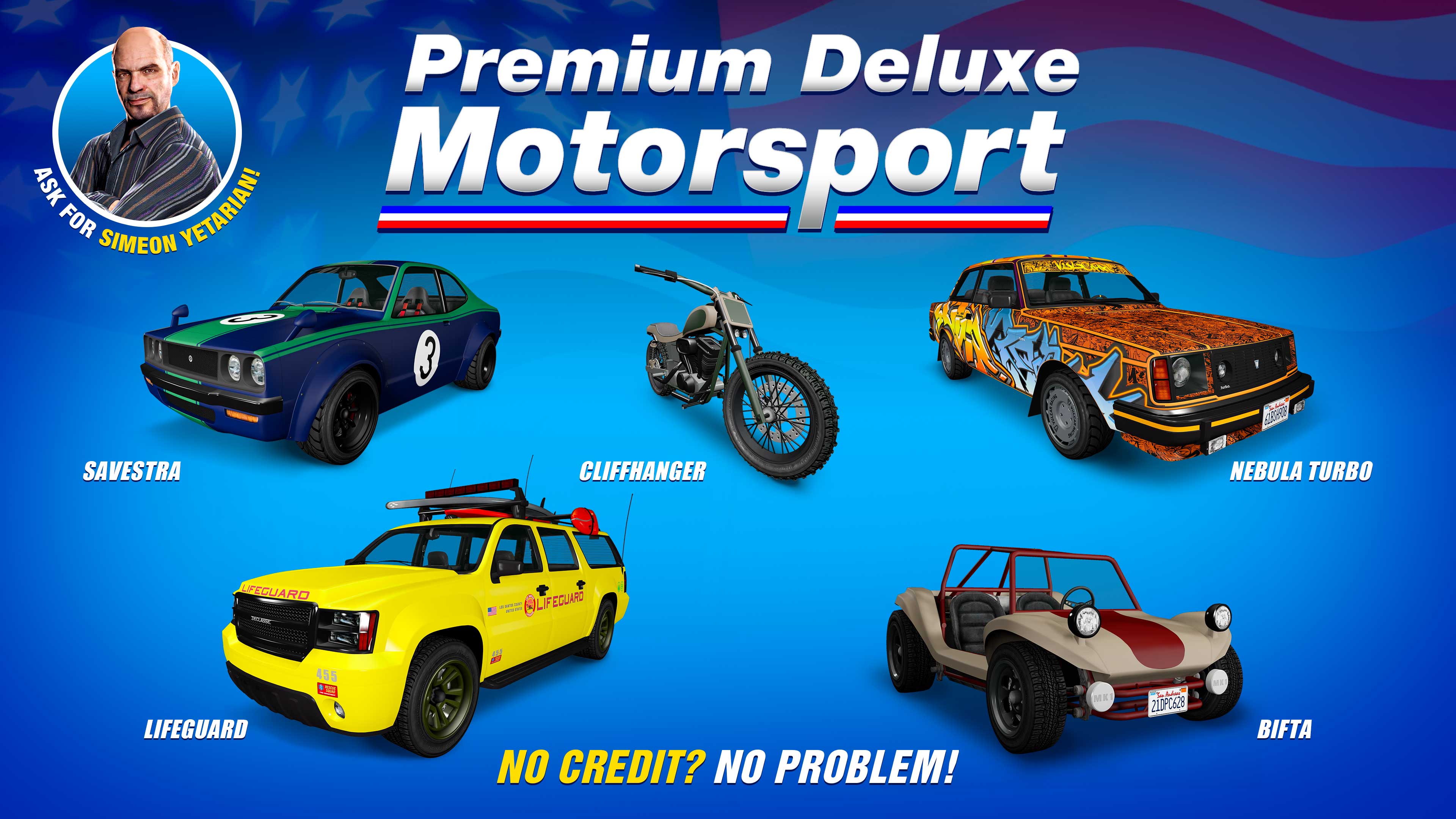 Pôster da Premium Deluxe Motorsport com cinco veículos: Annis Savestra, Declasse Salva-Vidas, Vulcar Nebula Turbo, Western Cliffhanger e BF Bifta.