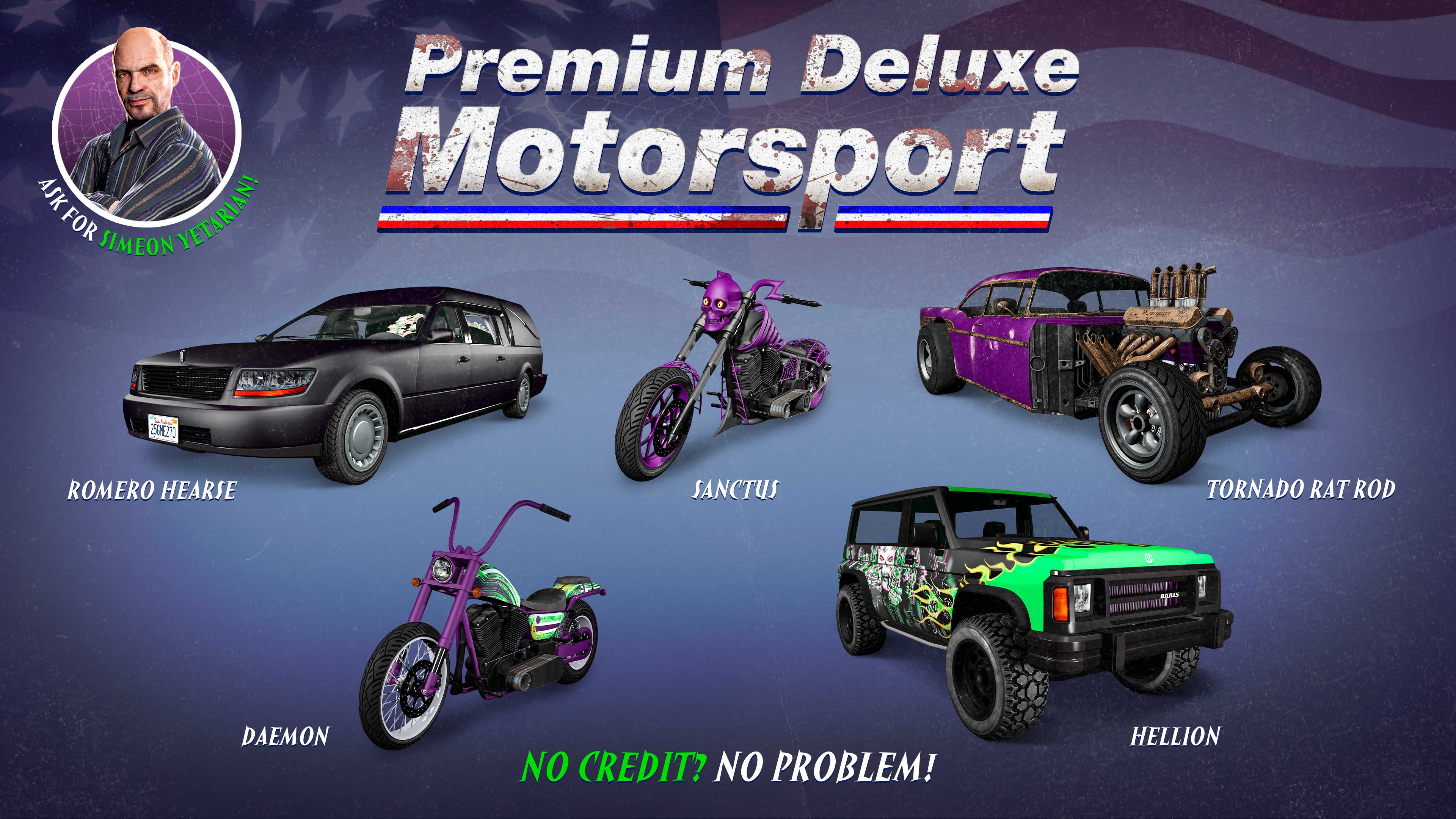 Pôster da Premium Deluxe Motorsport com cinco veículos: Annis Hellion, Western Daemon, LCC Sanctus, Chariot Romero Hearse e Declasse Tornado Rat Rod.