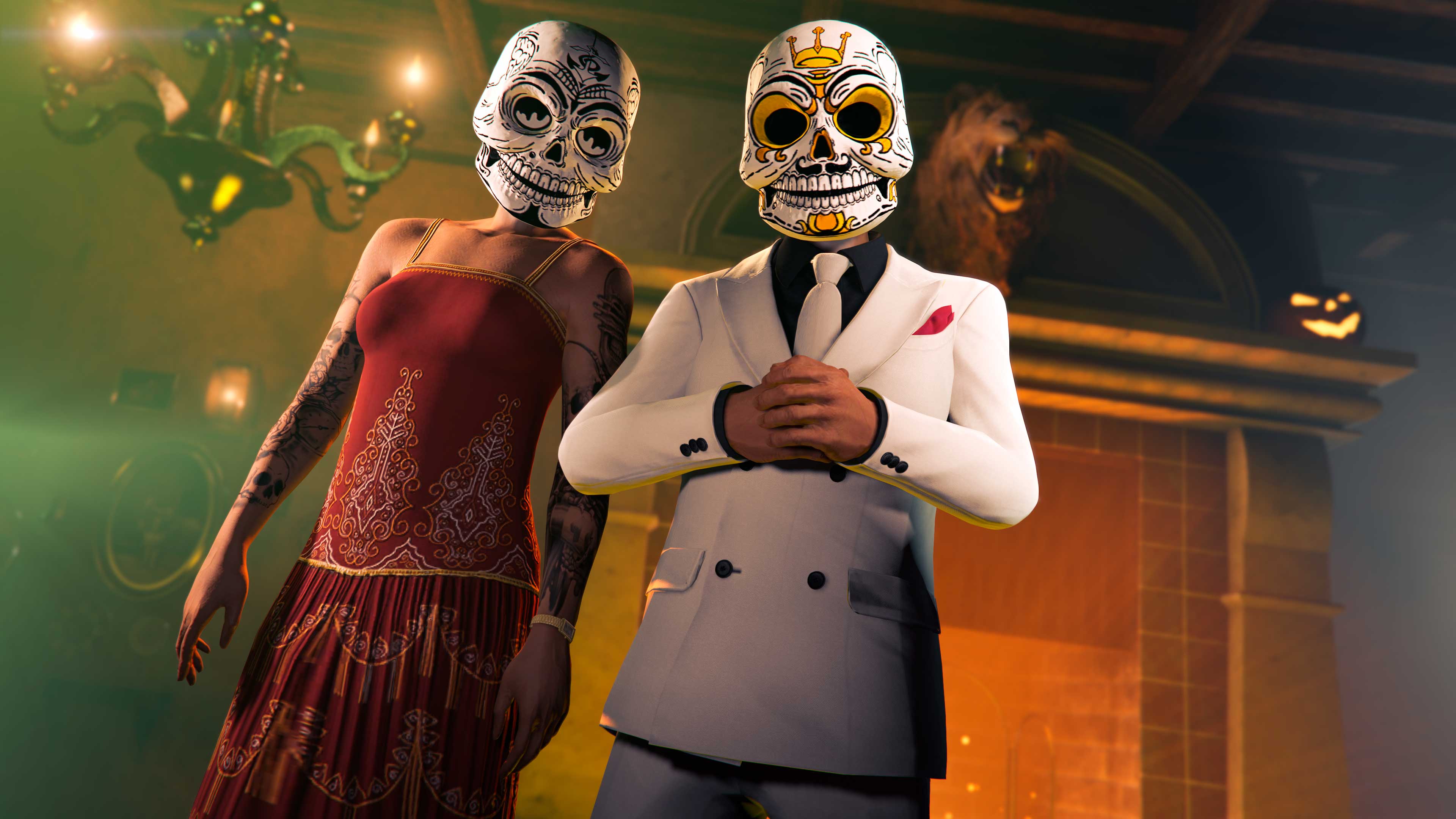 Dois personagens usando as máscaras Calaca Marítima e Calaca Real, uma de vestido vermelho e outro de smoking branco.