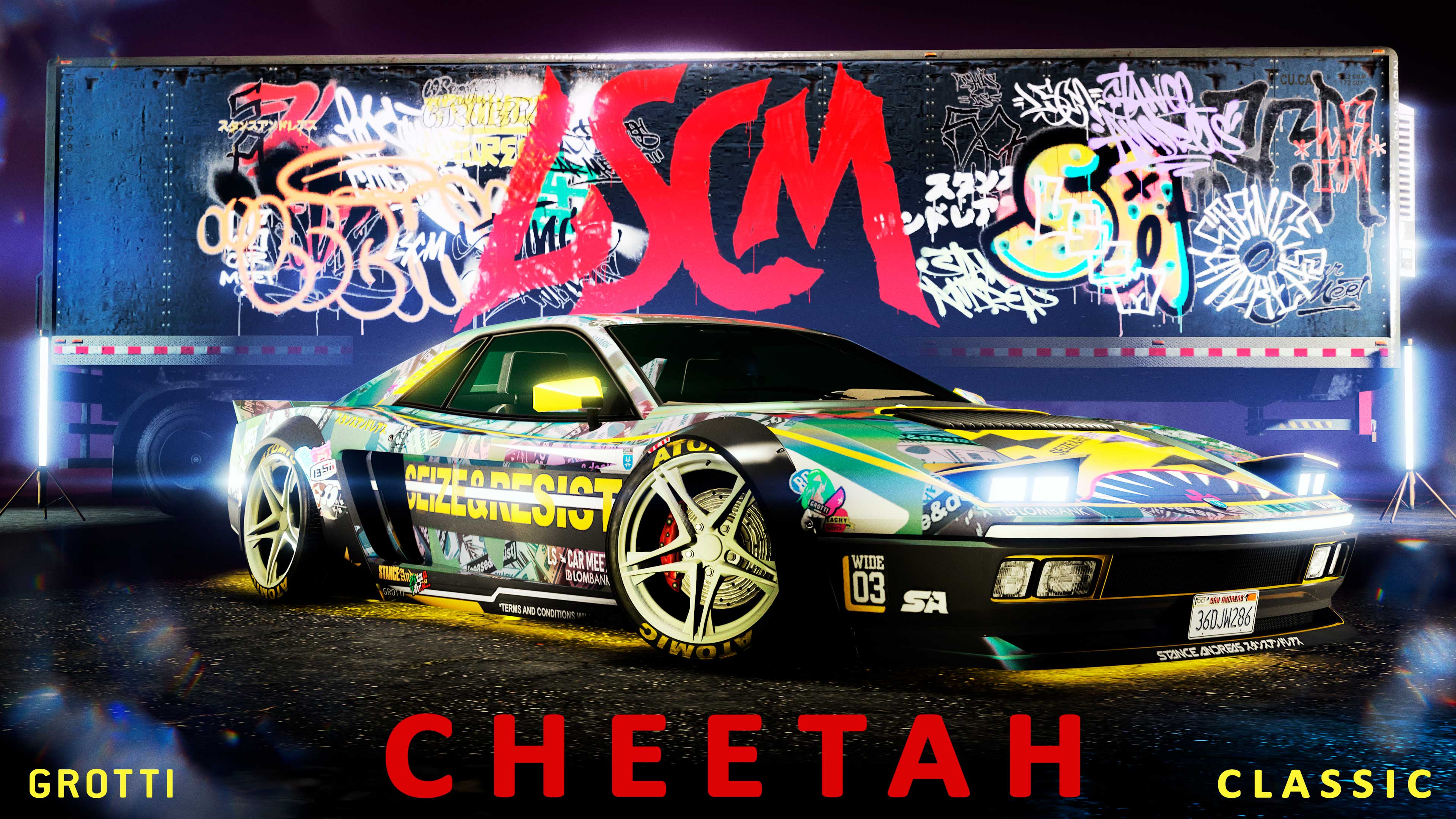 Um carro Grotti Cheetah Classic ECLS modificado com estampa variada em frente a um trailer pintado com grafitti do Evento de Carros de Los Santos.