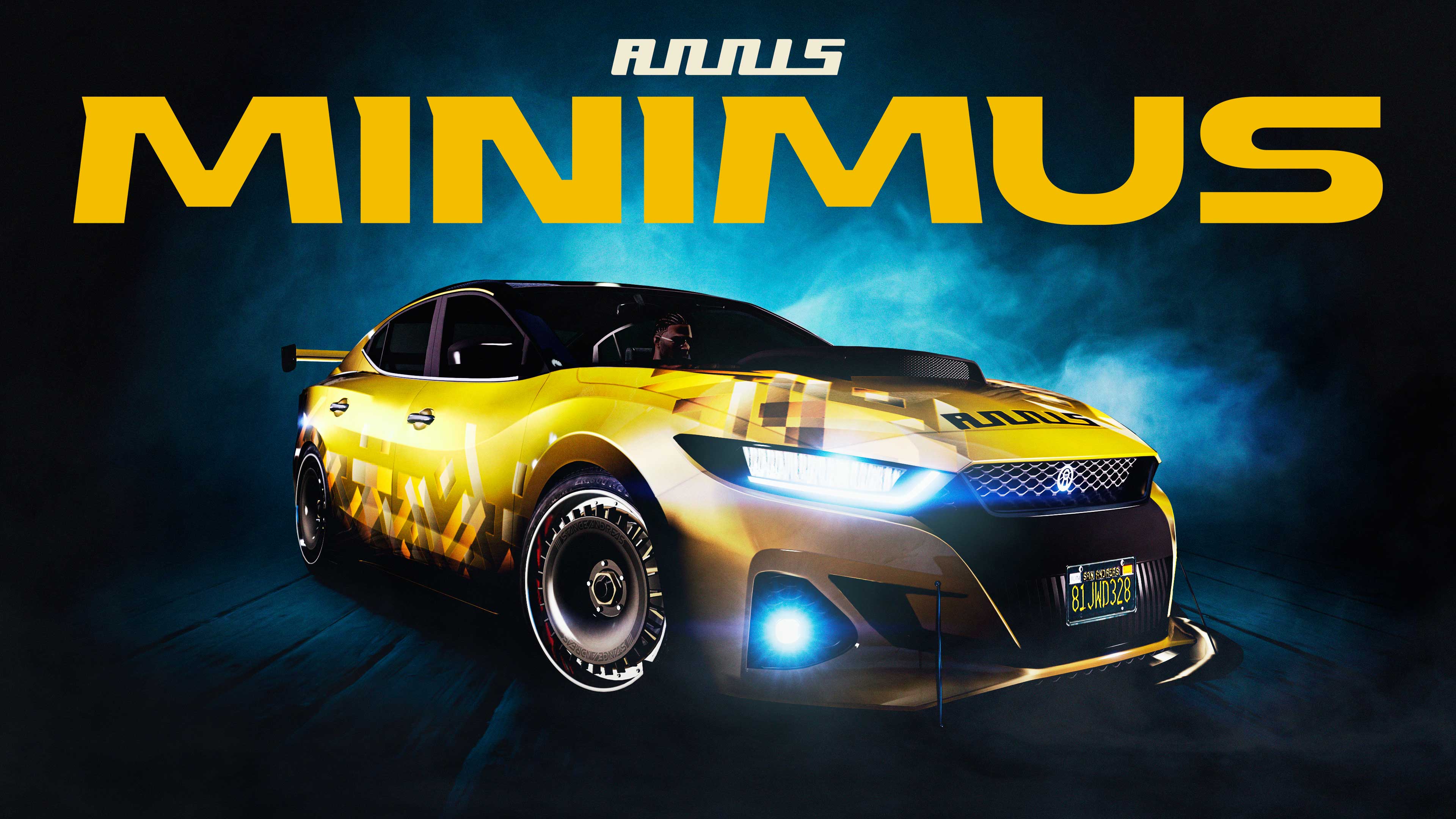 Um carro Annis Minimus amarelo com estampa geométrica e fumaça azul ao fundo.