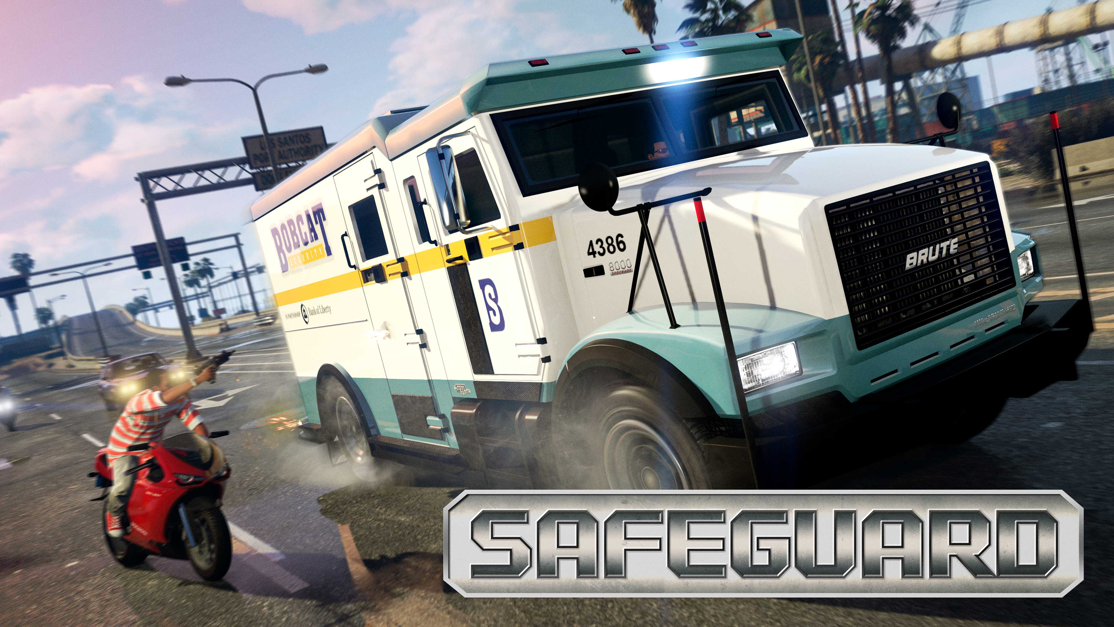 Pôster do evento de entregas seguras mostrando um carro-forte blindado da Bobcat Security levando tiros de um personagem do GTA Online em uma moto.