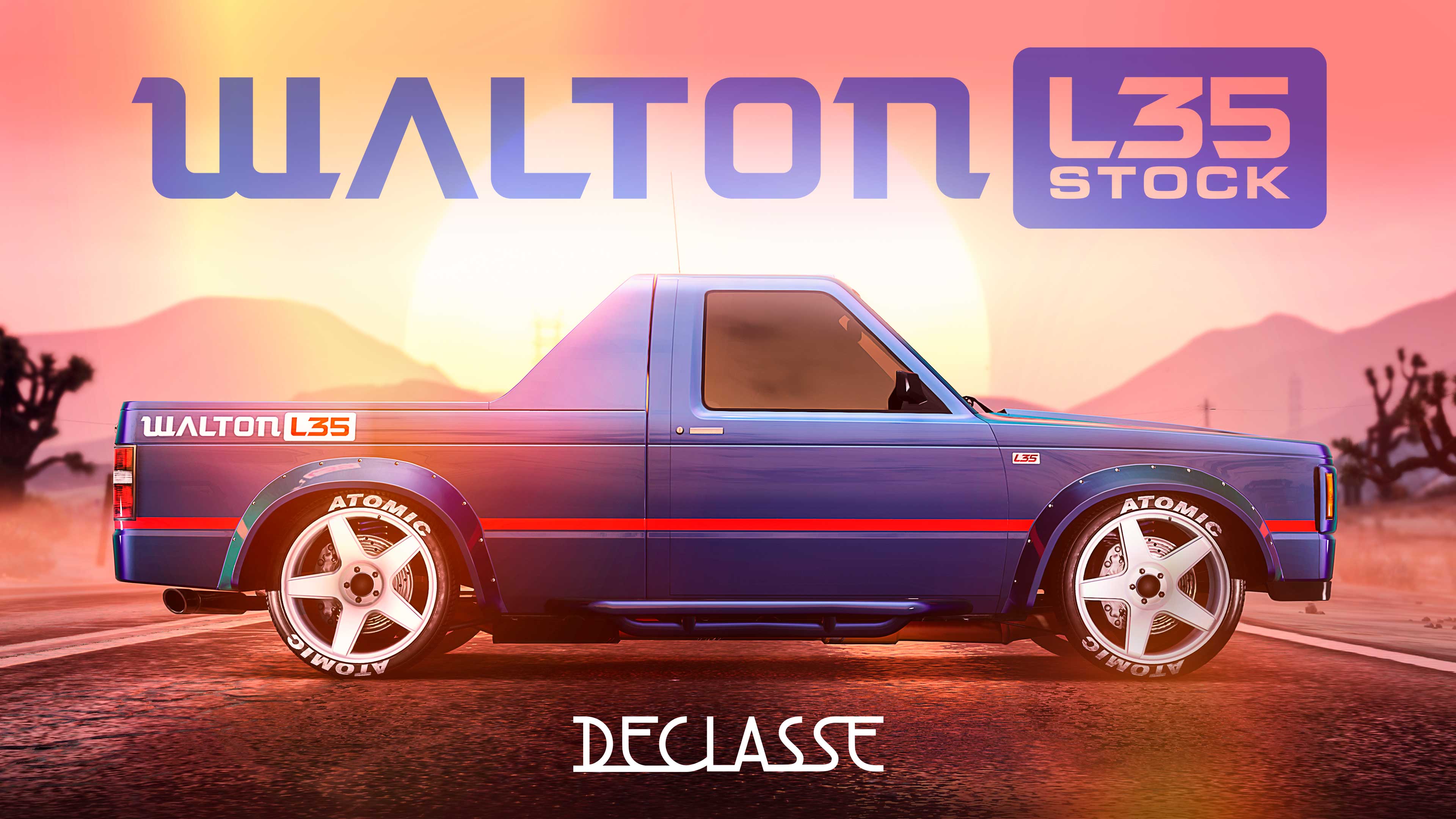 Uma caminhonete Declasse Walton L35 Stock azul com uma listra vermelha na lateral.