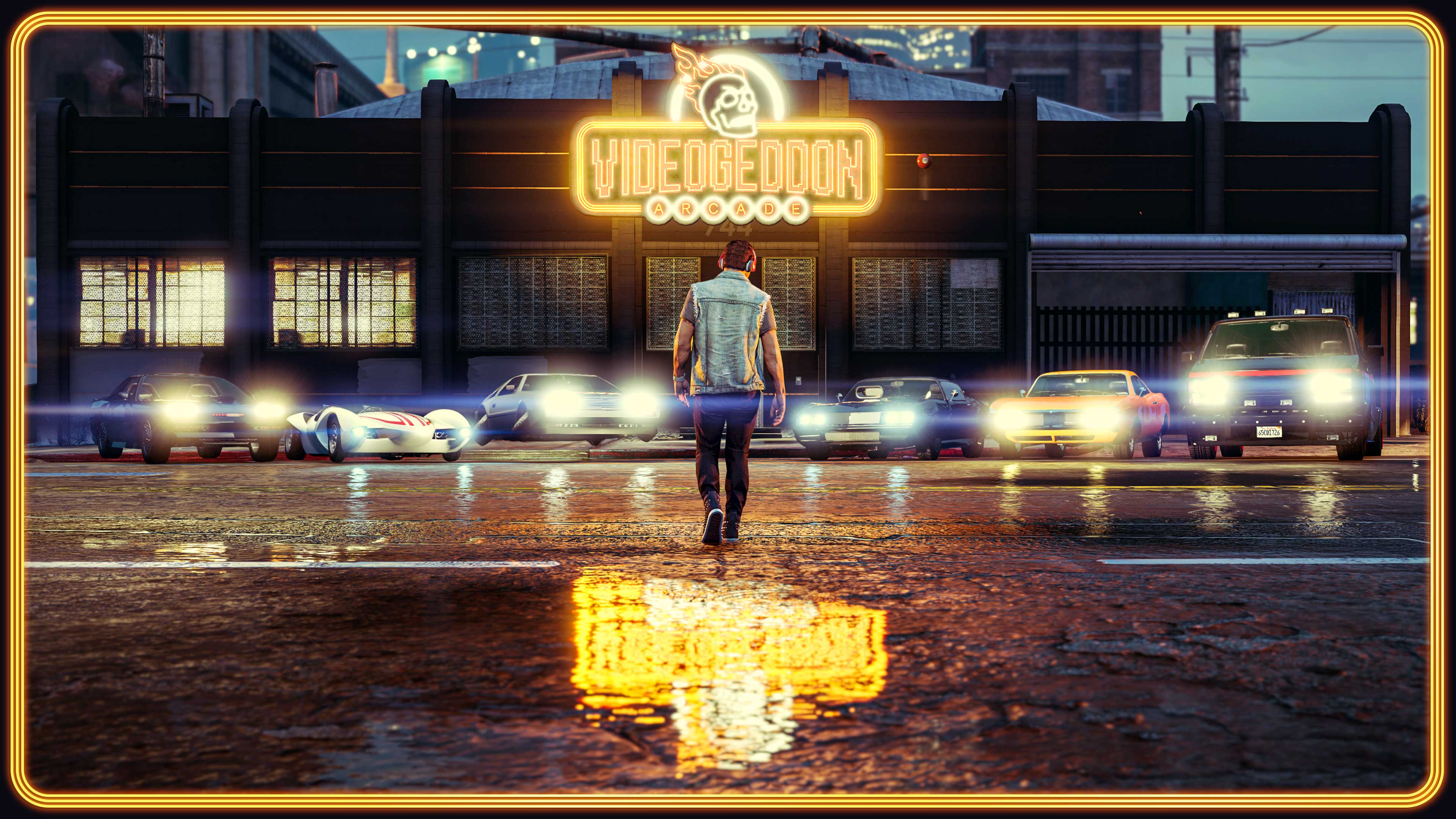 Um personagem caminha em direção a sete carros com os faróis acesos, em frente a um letreiro e edifícios iluminados da Videogeddon.