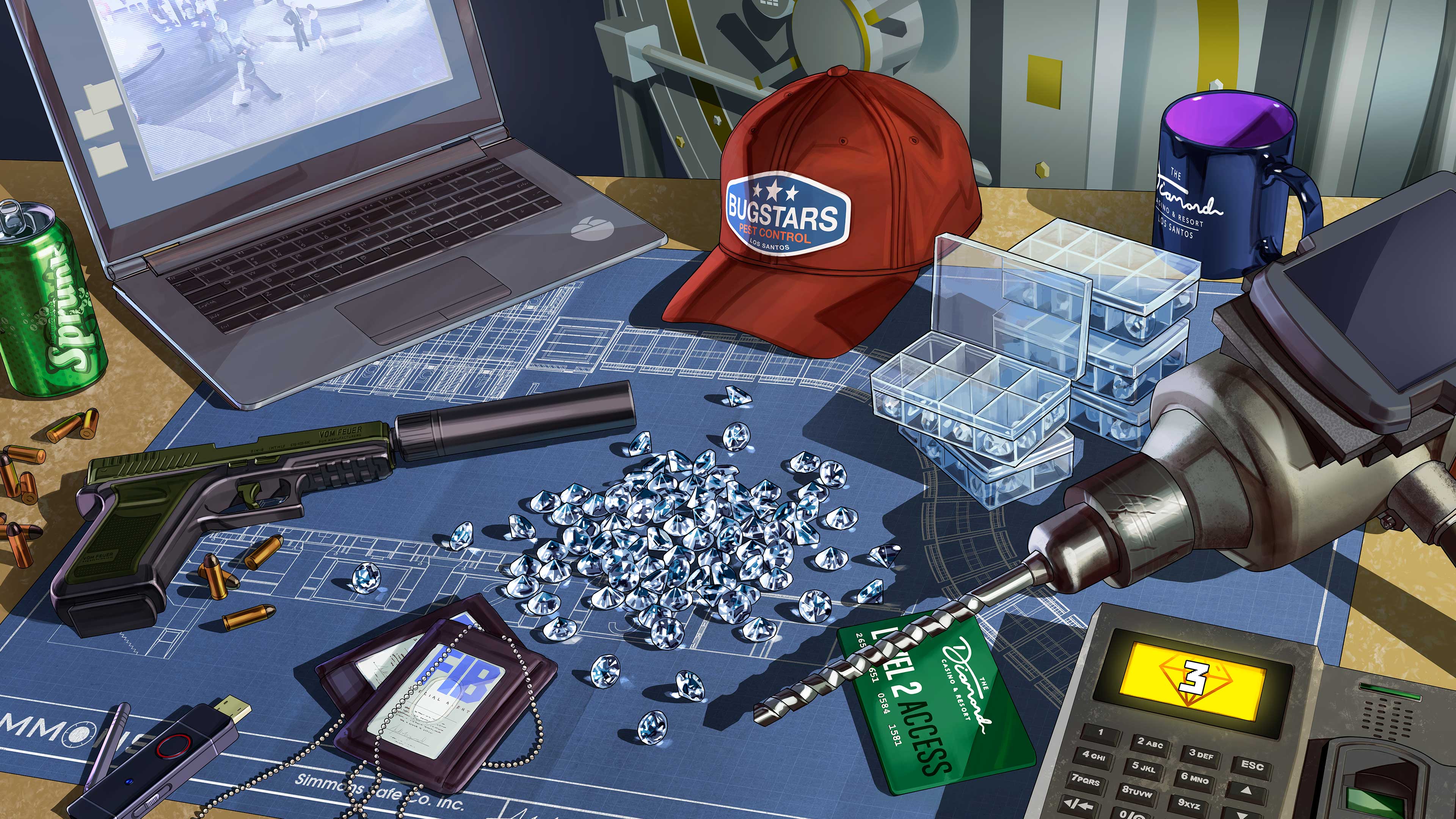 Diamantes empilhados em cima de uma planta cercada de equipamento para o golpe incluindo distintivos do FIB, uma broca, um boné da Bugstars, uma pistola silenciada e um laptop.