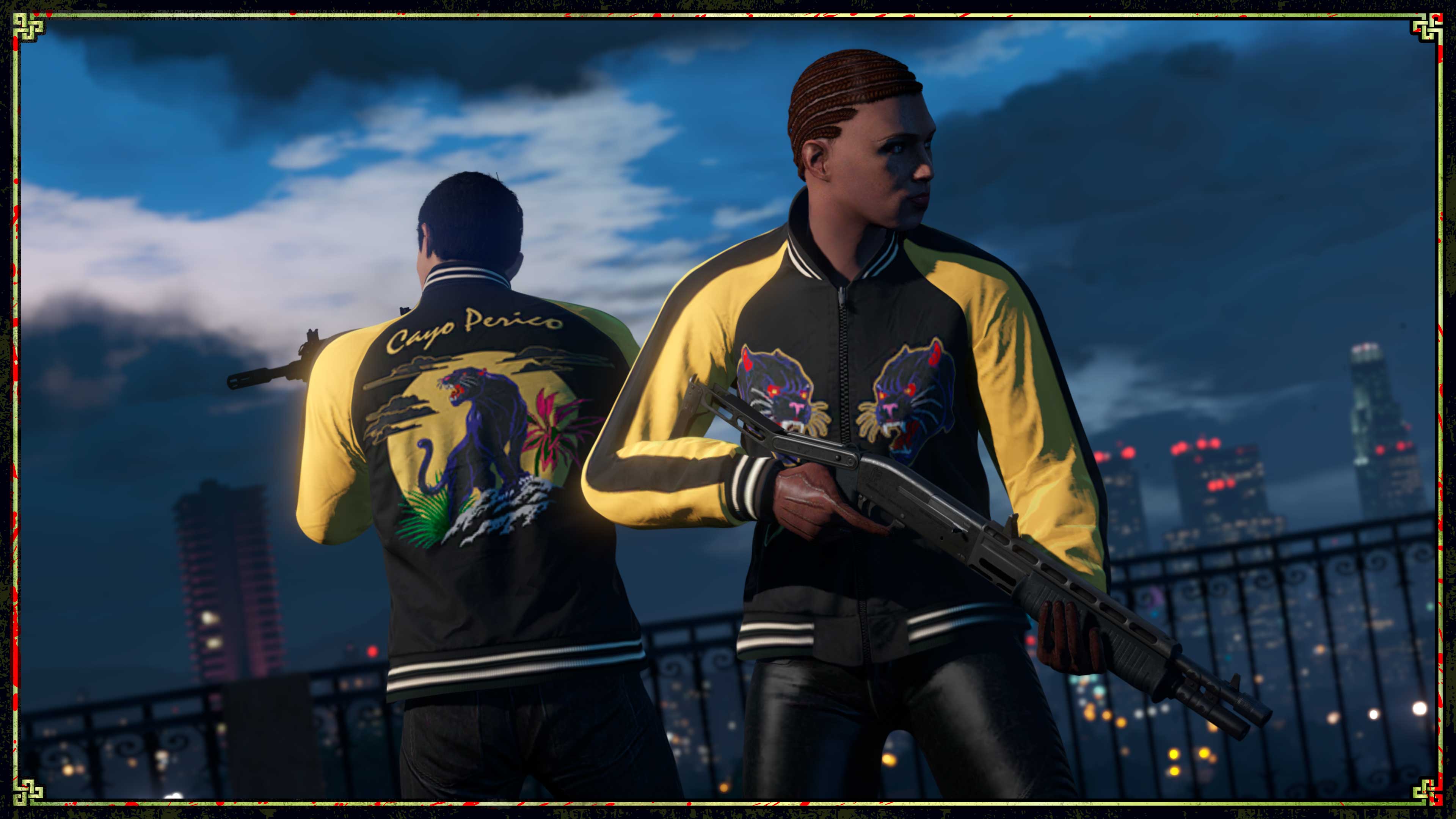 Dois personagens armados em um terraço vestindo a Jaqueta Turnê Pantera em preto e amarelo.