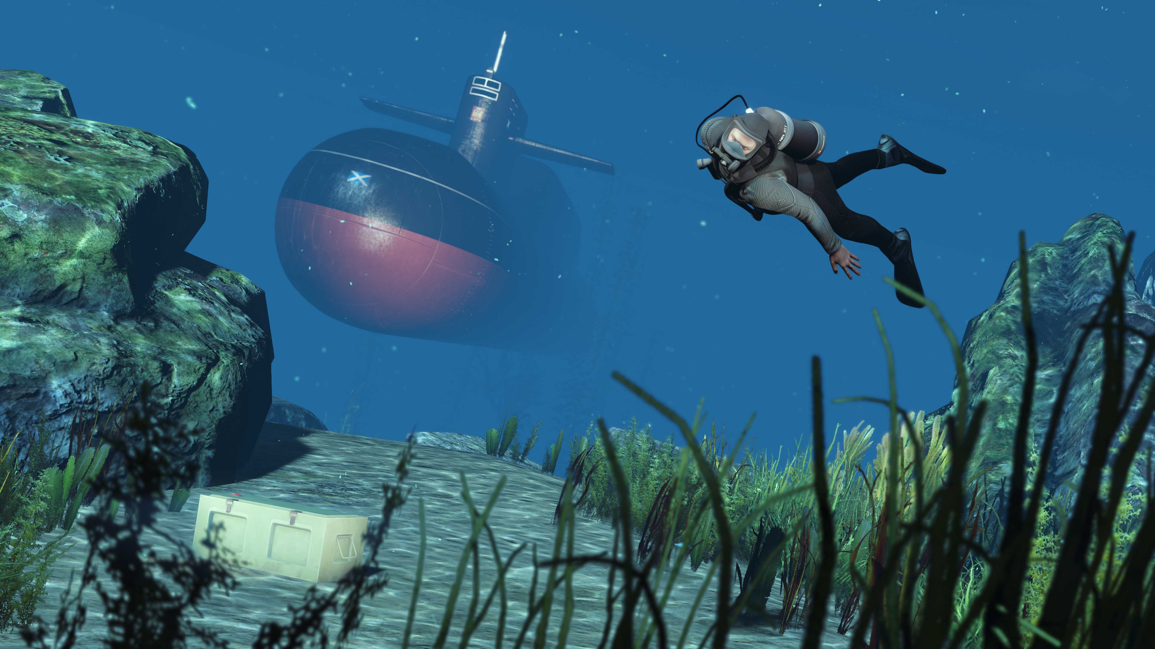 Um personagem usando roupa de mergulho nadando próximo a um caixote no fundo do mar e um submarino se aproximando.
